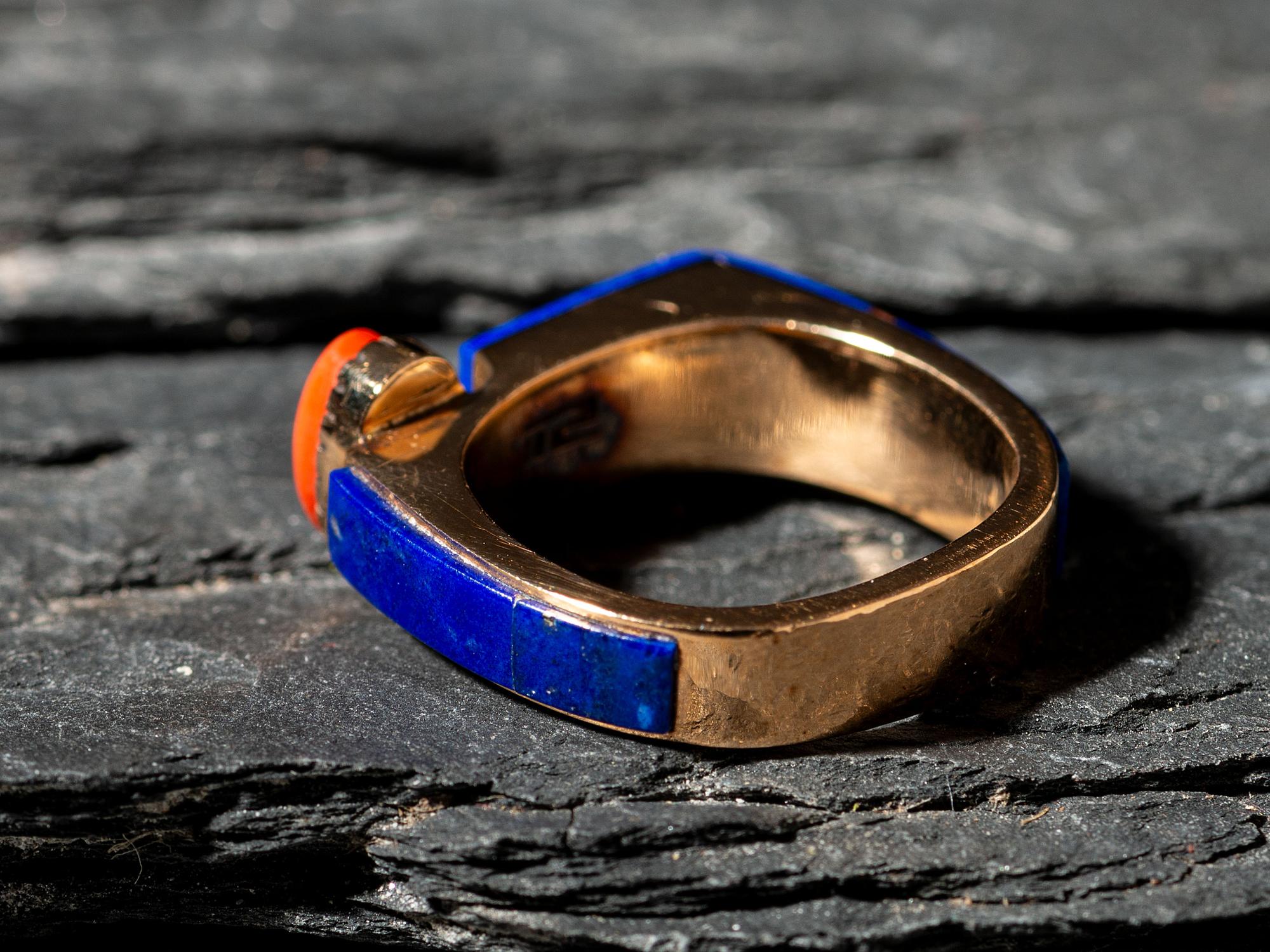 18K Gold, Lapis, and Coral Ring