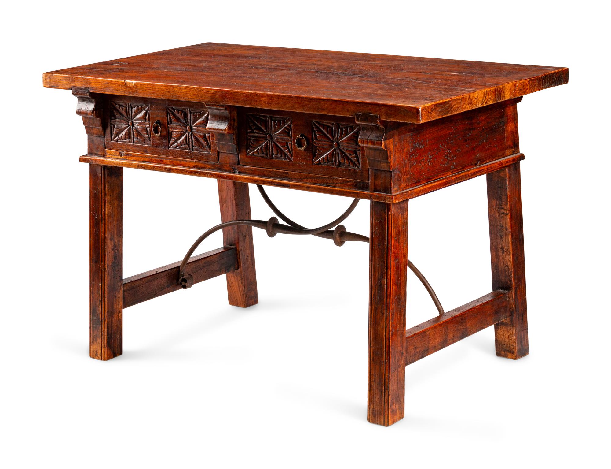 A Spanish Iron-Mounted Walnut Trestle Table