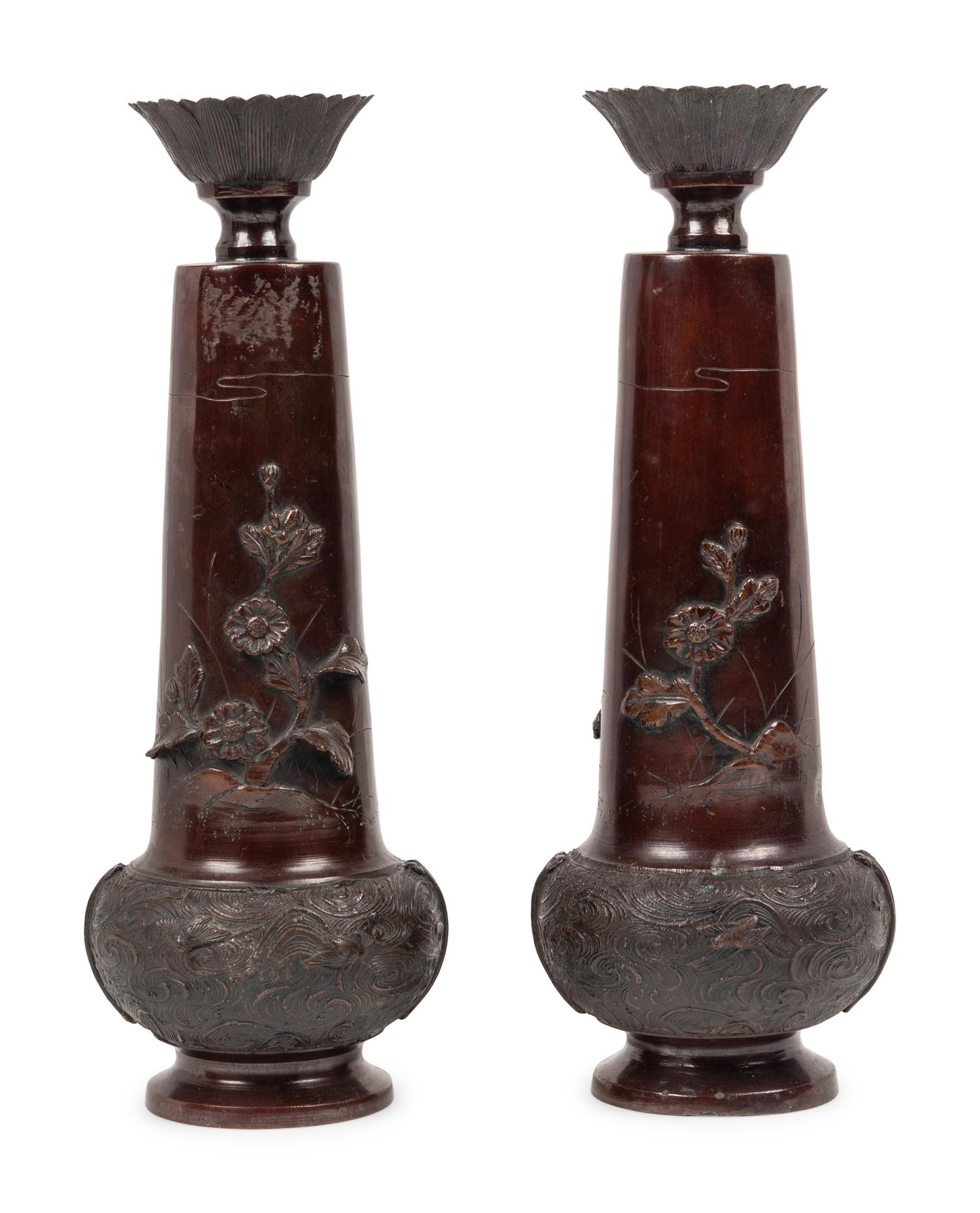 A Pair of Japanese Bronze Candlesticks