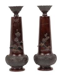 A Pair of Japanese Bronze Candlesticks