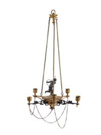 A Neoclassical Gilt and Patinated Bronze Six-Light Chandelier