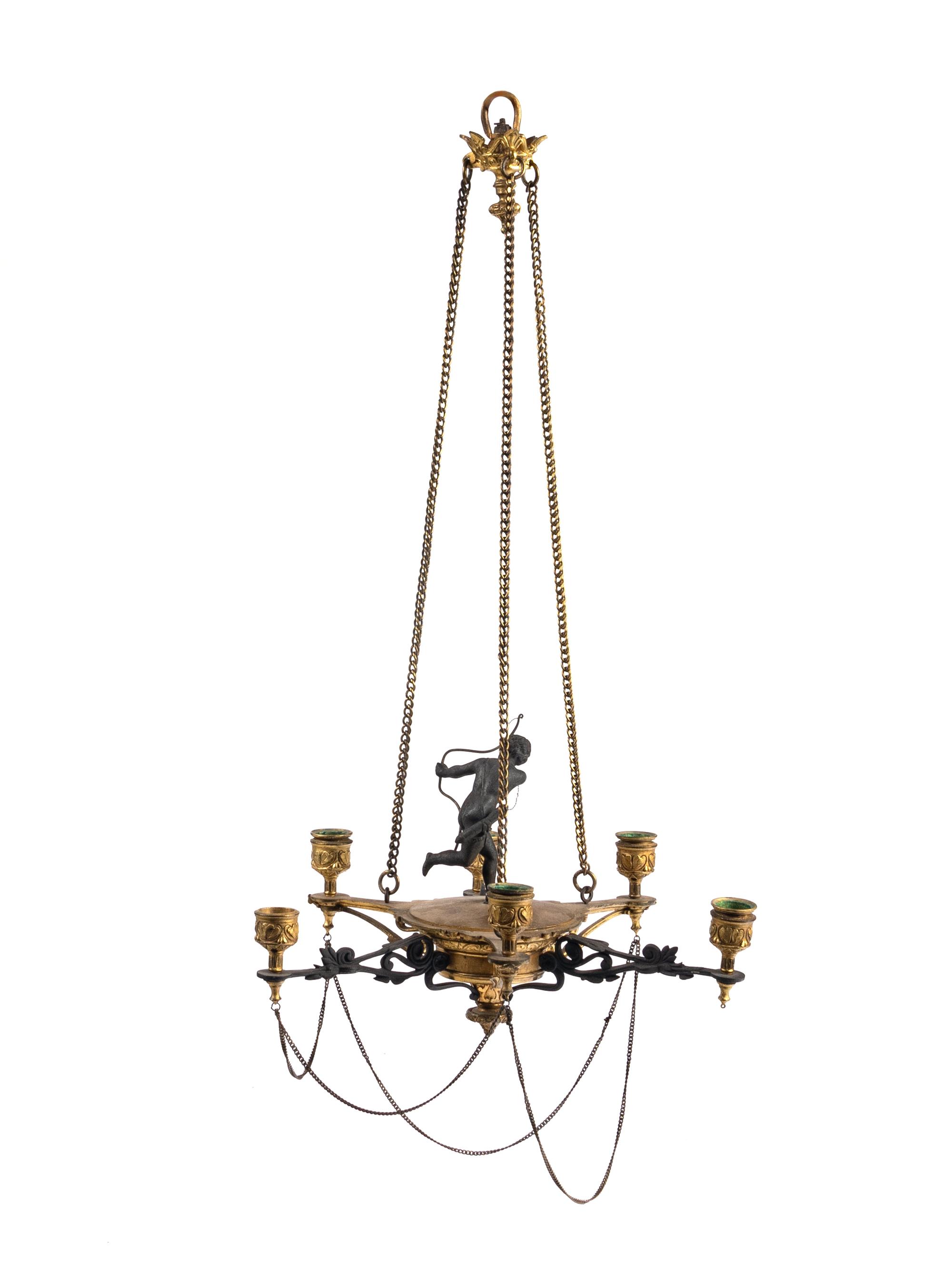 A Neoclassical Gilt and Patinated Bronze Six-Light Chandelier