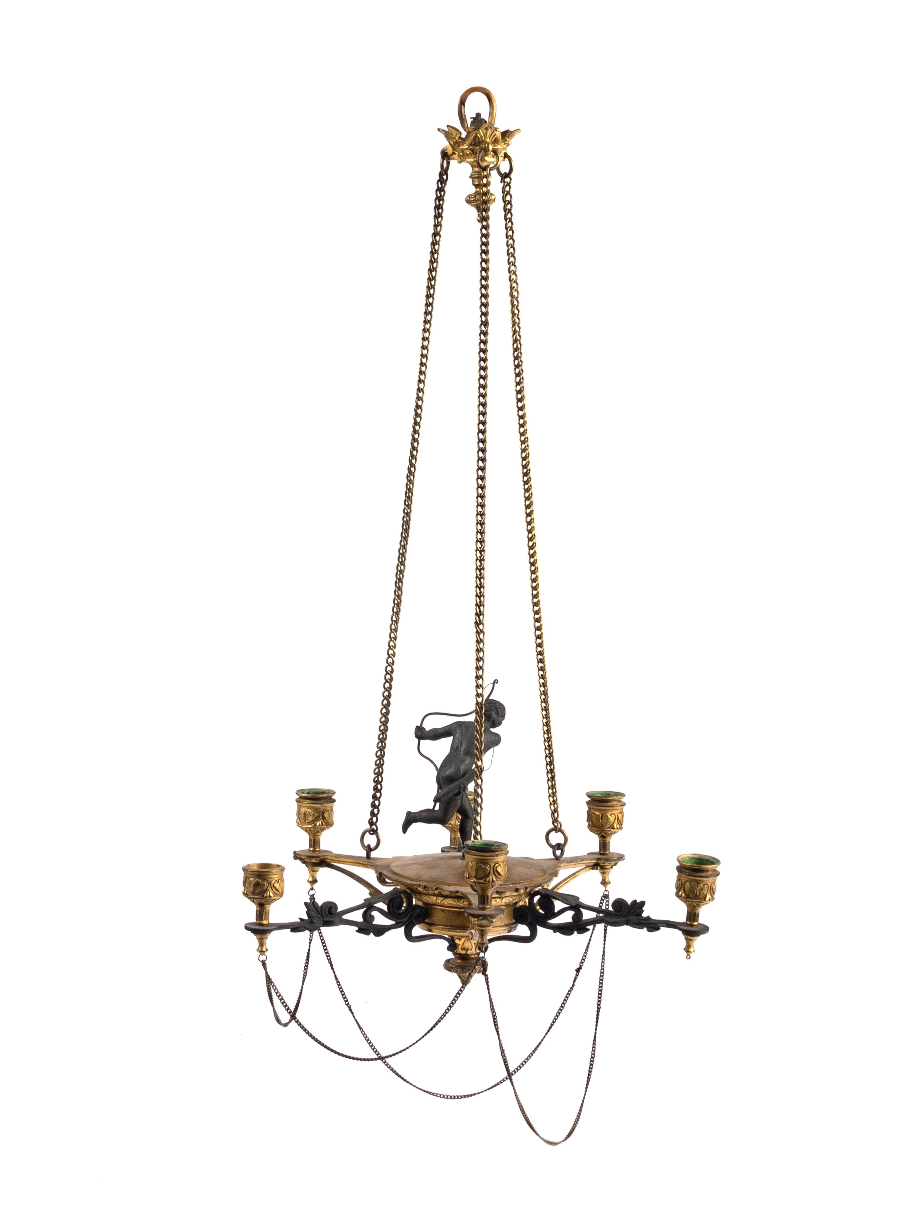 A Neoclassical Gilt and Patinated Bronze Six-Light Chandelier