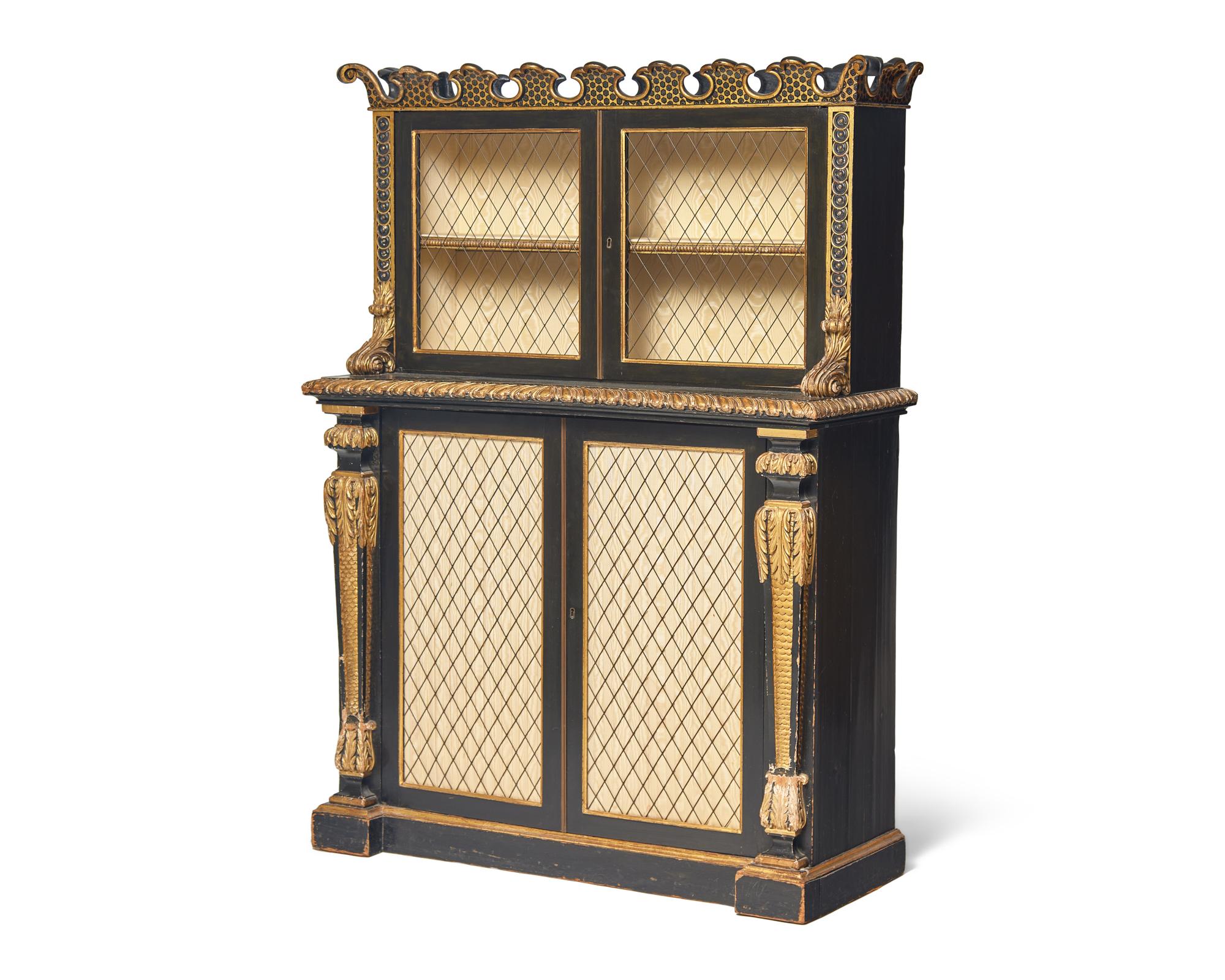 A Continental Ebonized and Parcel Gilt Bookcase
