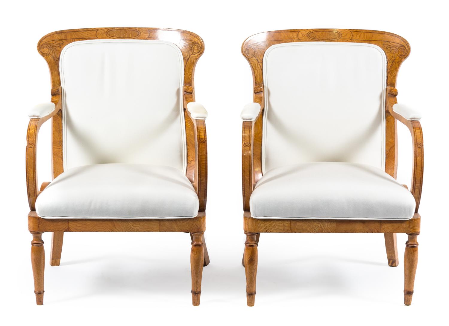 A Pair of Biedermeier Ash and Amaranth Armchairs Height 34 inches. — CIRCA 1825