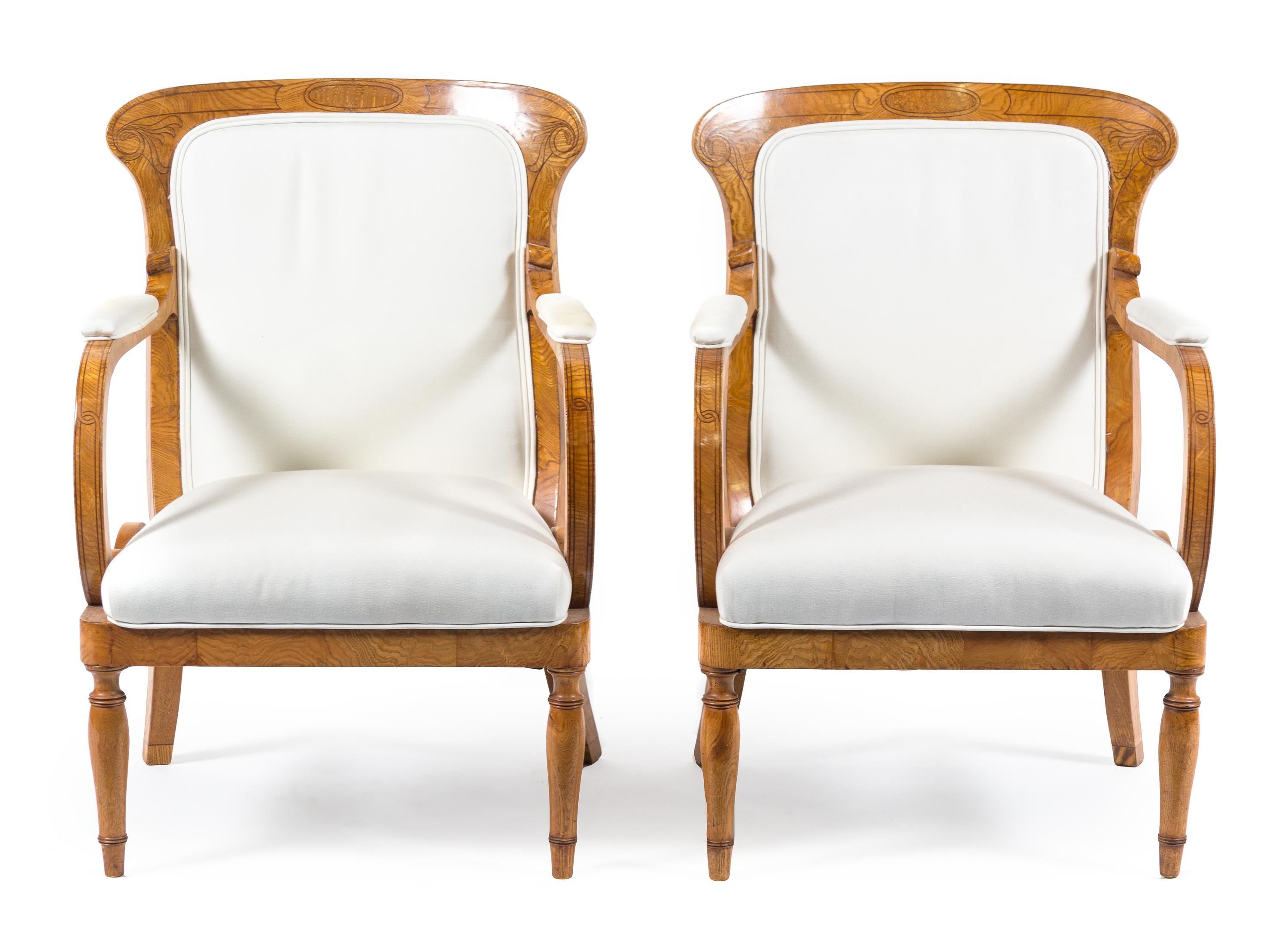 A Pair of Biedermeier Ash and Amaranth Armchairs Height 34 inches. — CIRCA 1825