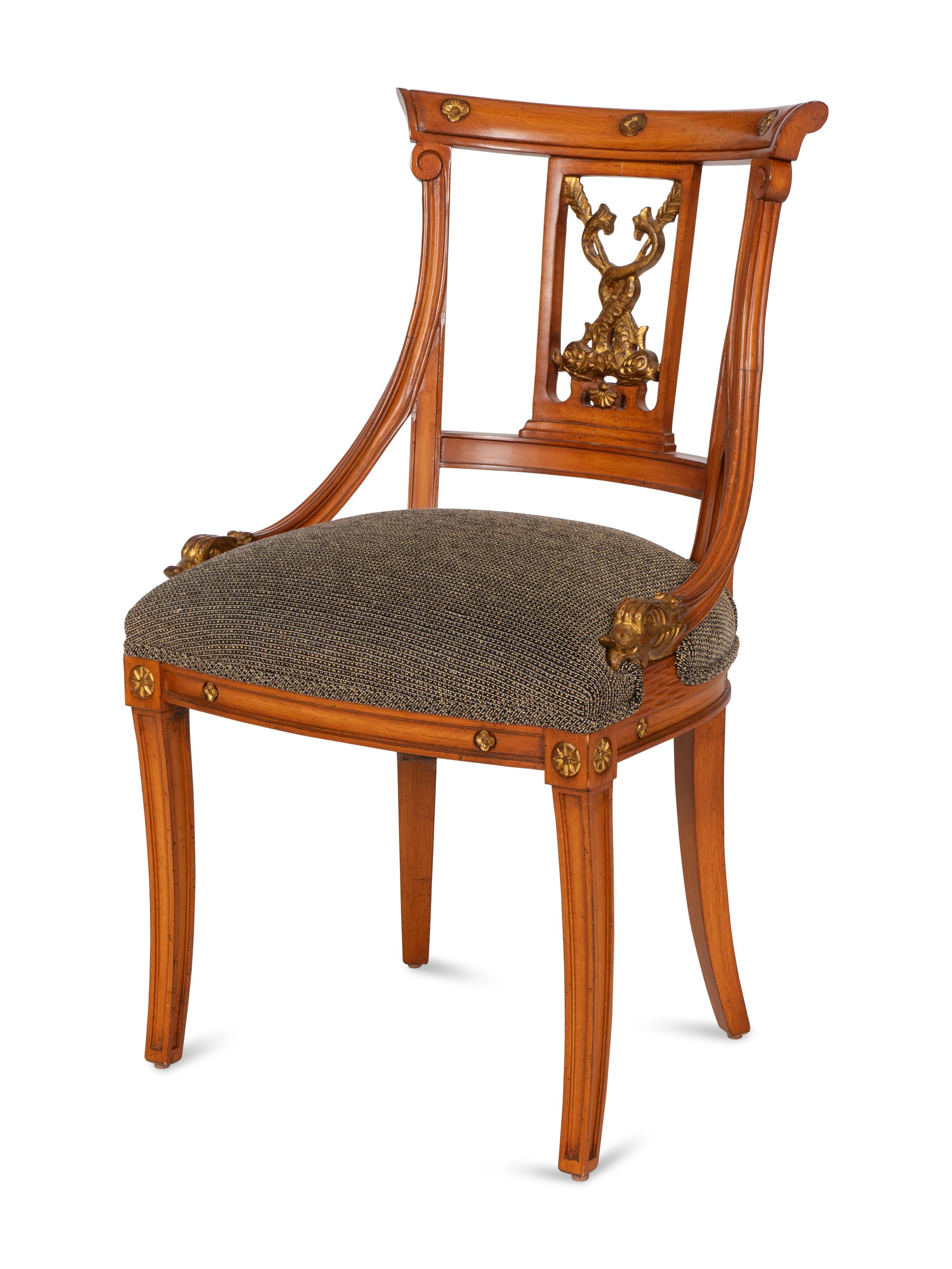 A Louis XV Style Gilt Bronze Mounted Parquetry Bureau Plat and Regency Style Parcel Gilt Chair