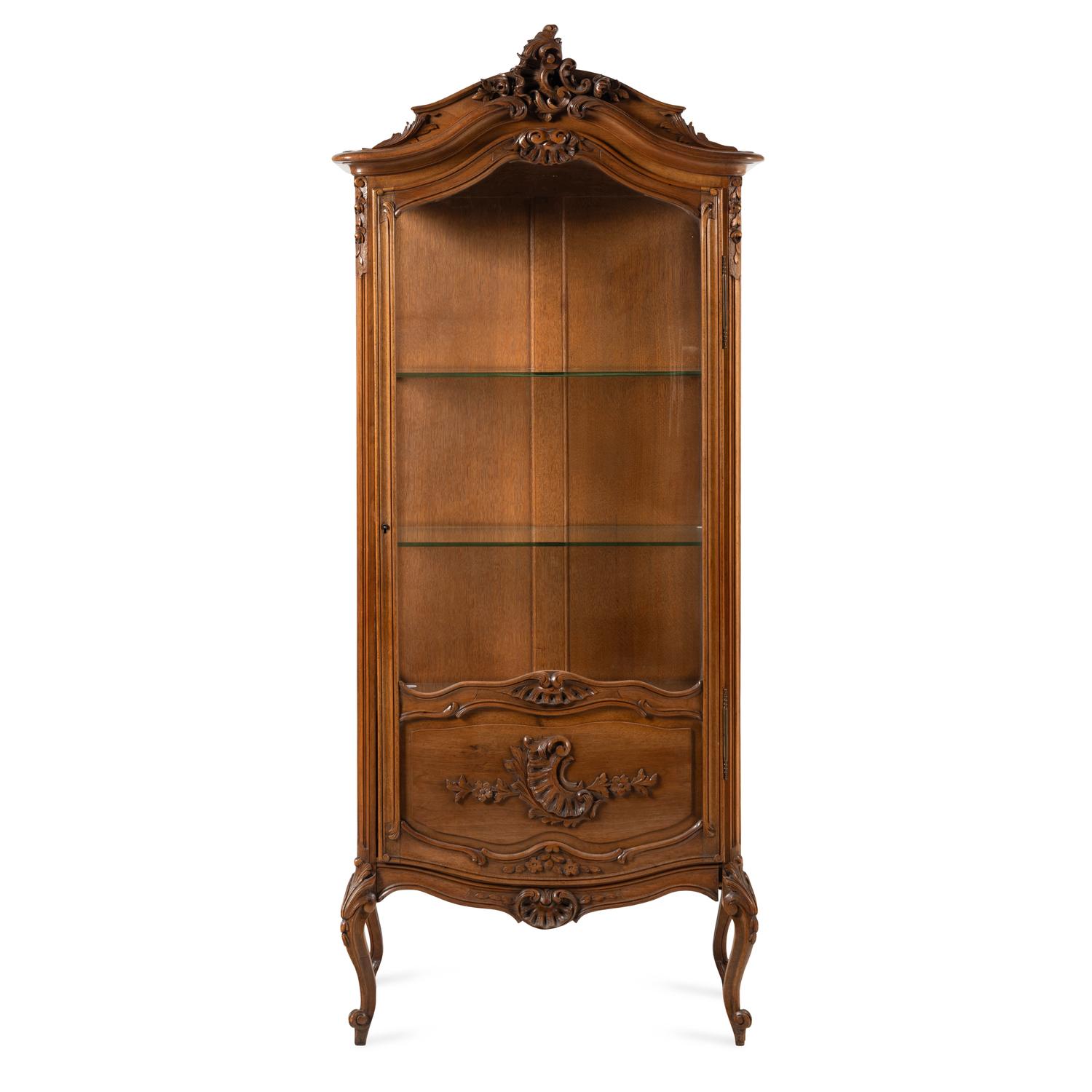 A Louis XV Style Carved Walnut Vitrine Cabinet