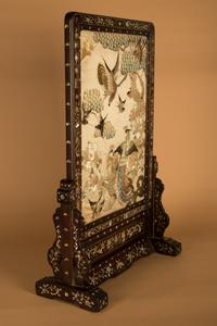 A Embroidered Silk Panel Inset Mother-of-Pearl Inlaid Hongmu Table Screen