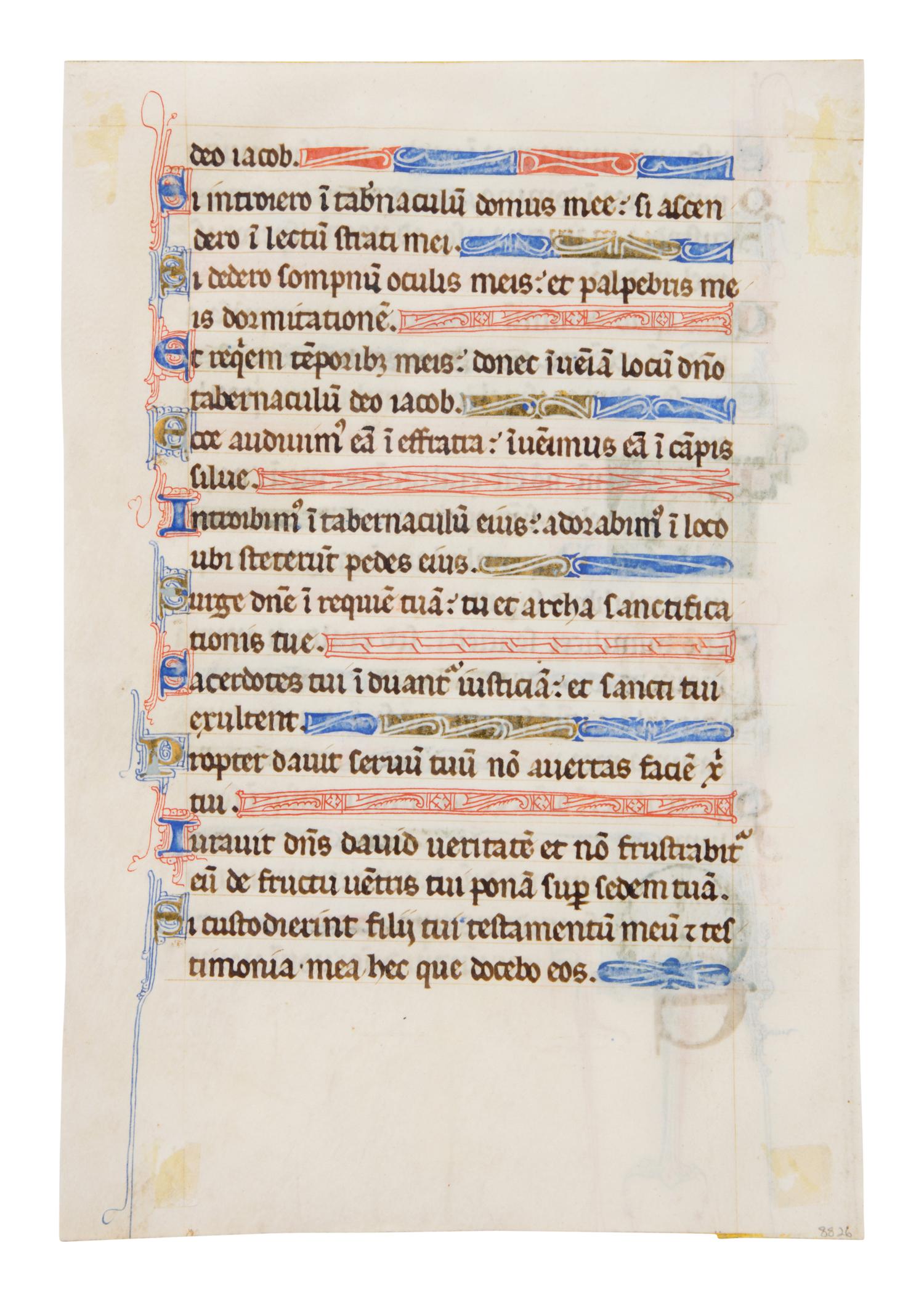 NORTHERN FRENCH ILLUMINATOR Leaf from a Psalter with an inhabited initial ‘D’ from the beginning of Psalm 130, and a decorated initial ‘M’, in Latin, illuminated manuscript on parchment [France or Paris, c. 1200-1250]