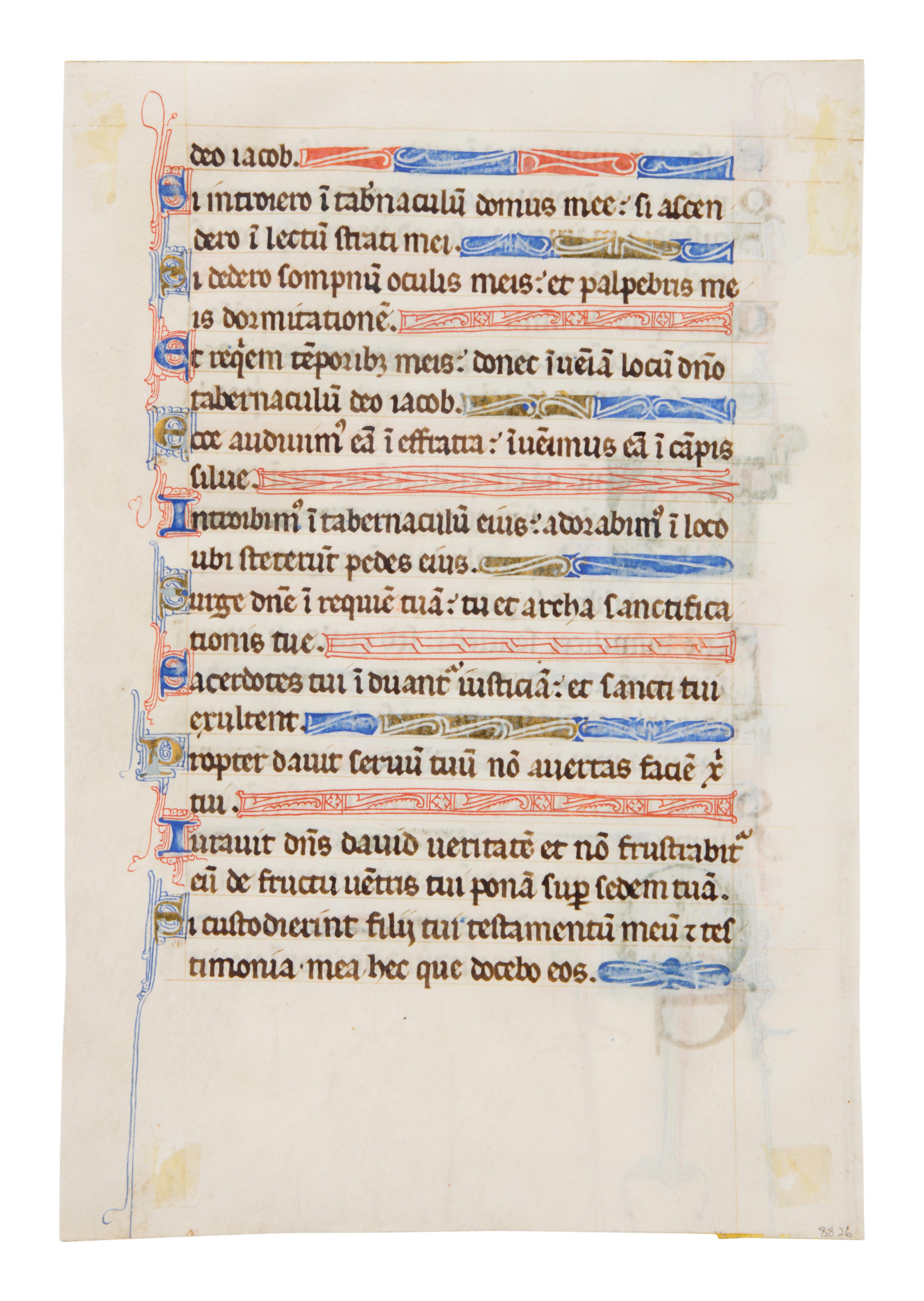 NORTHERN FRENCH ILLUMINATOR Leaf from a Psalter with an inhabited initial ‘D’ from the beginning of Psalm 130, and a decorated initial ‘M’, in Latin, illuminated manuscript on parchment [France or Paris, c. 1200-1250]