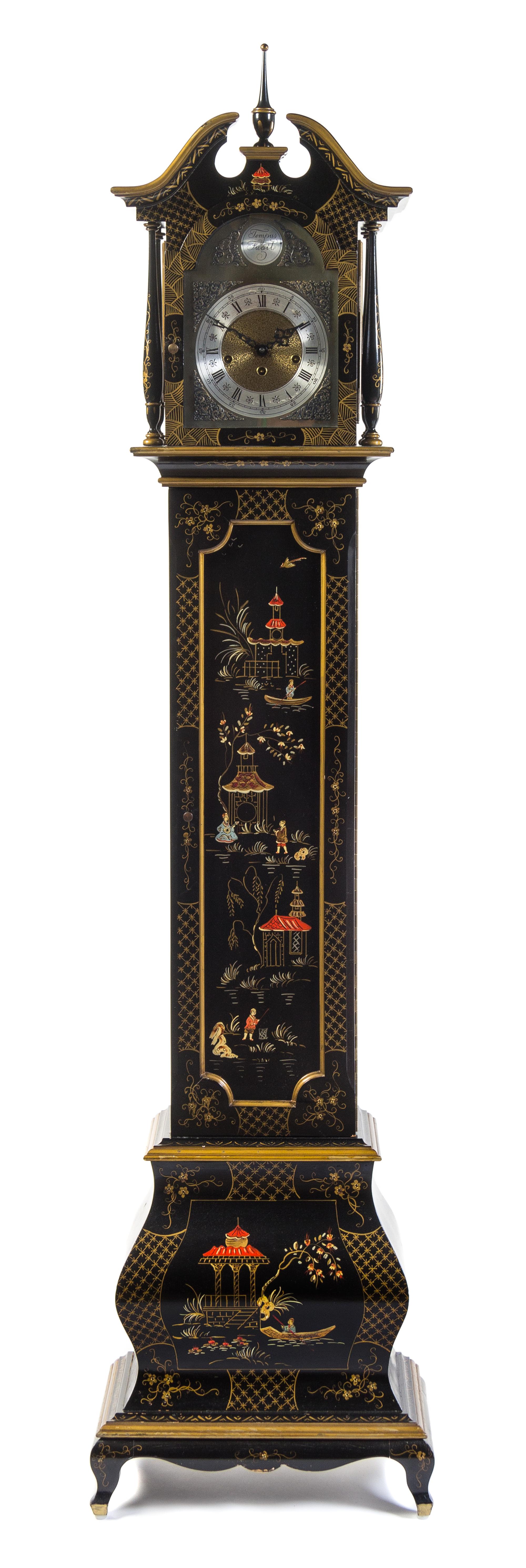A Chinoiserie Lacquered Grandmother Clock Height 69 1/2 inches. — MID-20TH CENTURY
