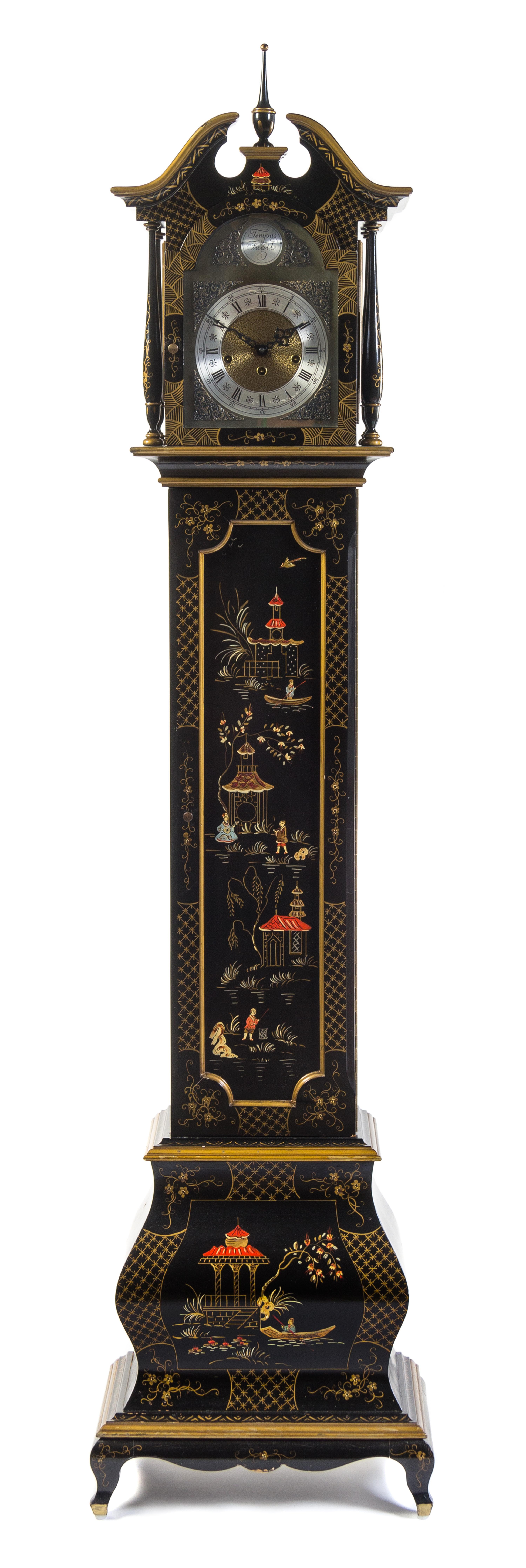 A Chinoiserie Lacquered Grandmother Clock Height 69 1/2 inches. — MID-20TH CENTURY