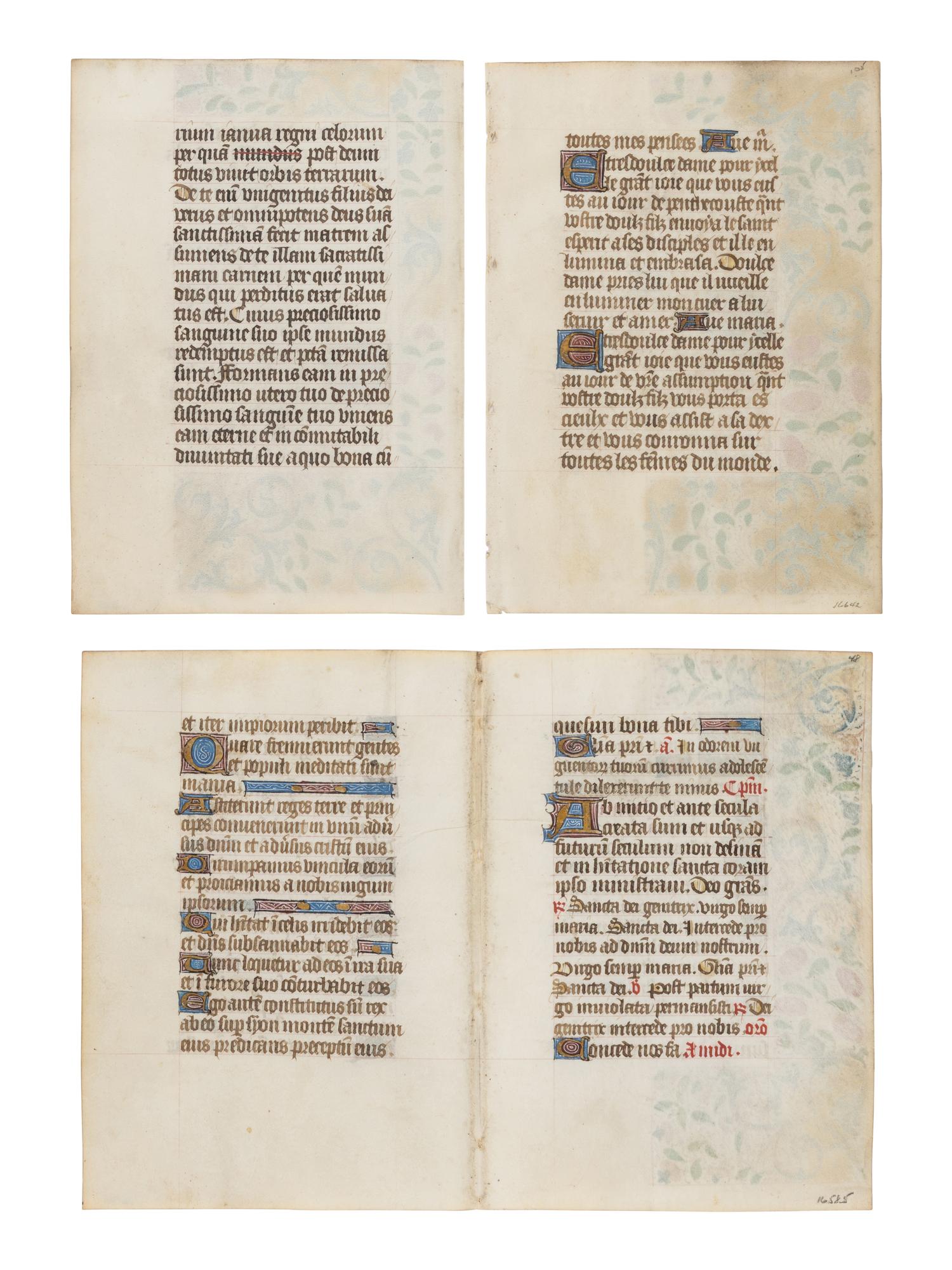 CIRCLE OF THE MASTER OF THE ROUEN ÉCHEVINAGE (Playfair Group) (active Rouen, c. 1450-1480s) Three leaves (a bifolium and two single leaves) from a Book of Hours, with miniatures of the Four Evangelists, in Latin and French, illuminated manuscript on parchment [France, Rouen, c. 1460–1470]