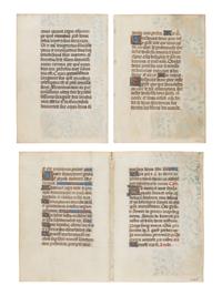 CIRCLE OF THE MASTER OF THE ROUEN ÉCHEVINAGE (Playfair Group) (active Rouen, c. 1450-1480s) Three leaves (a bifolium and two single leaves) from a Book of Hours, with miniatures of the Four Evangelists, in Latin and French, illuminated manuscript on parchment [France, Rouen, c. 1460–1470]