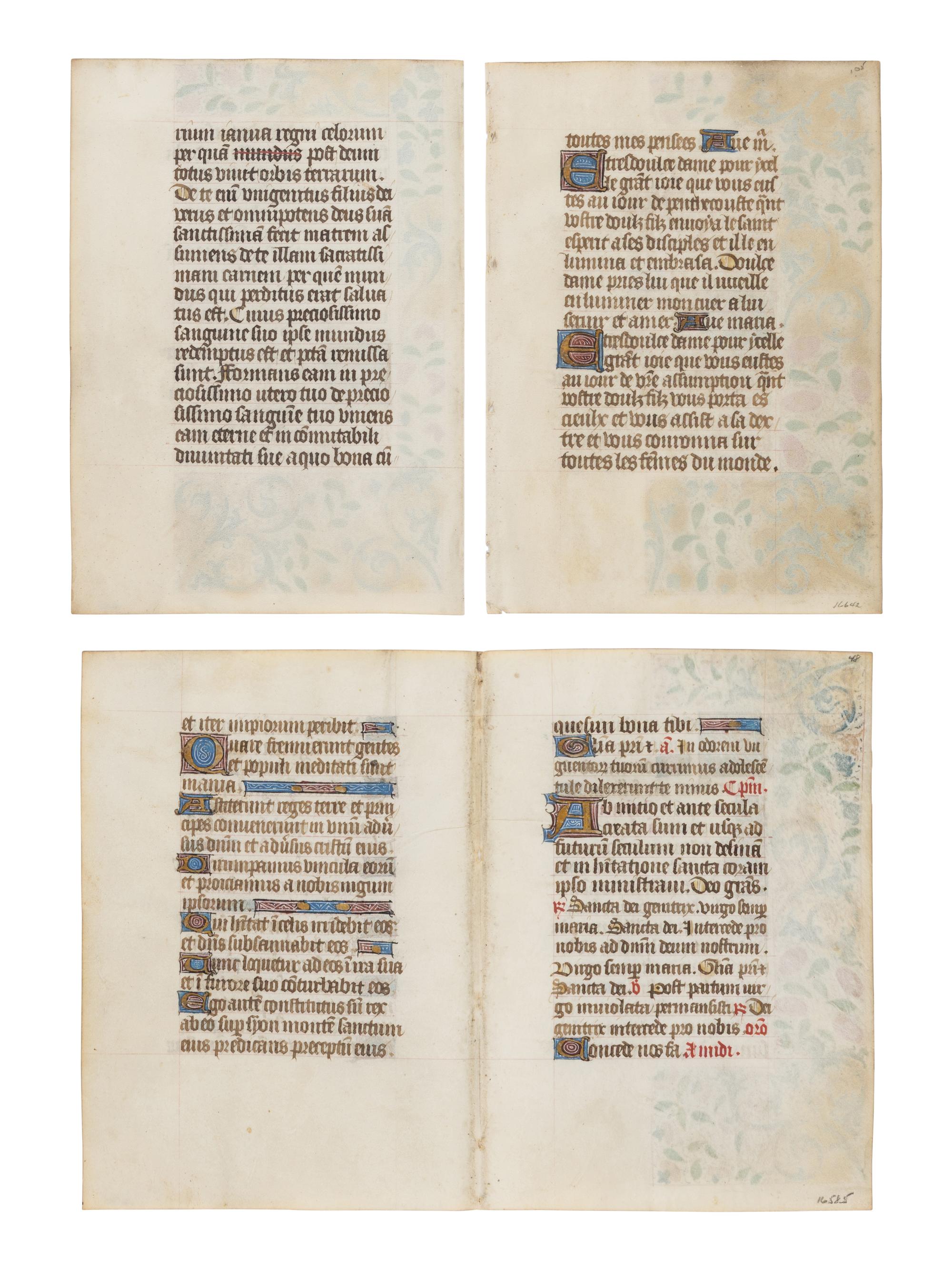 CIRCLE OF THE MASTER OF THE ROUEN ÉCHEVINAGE (Playfair Group) (active Rouen, c. 1450-1480s) Three leaves (a bifolium and two single leaves) from a Book of Hours, with miniatures of the Four Evangelists, in Latin and French, illuminated manuscript on parchment [France, Rouen, c. 1460–1470]