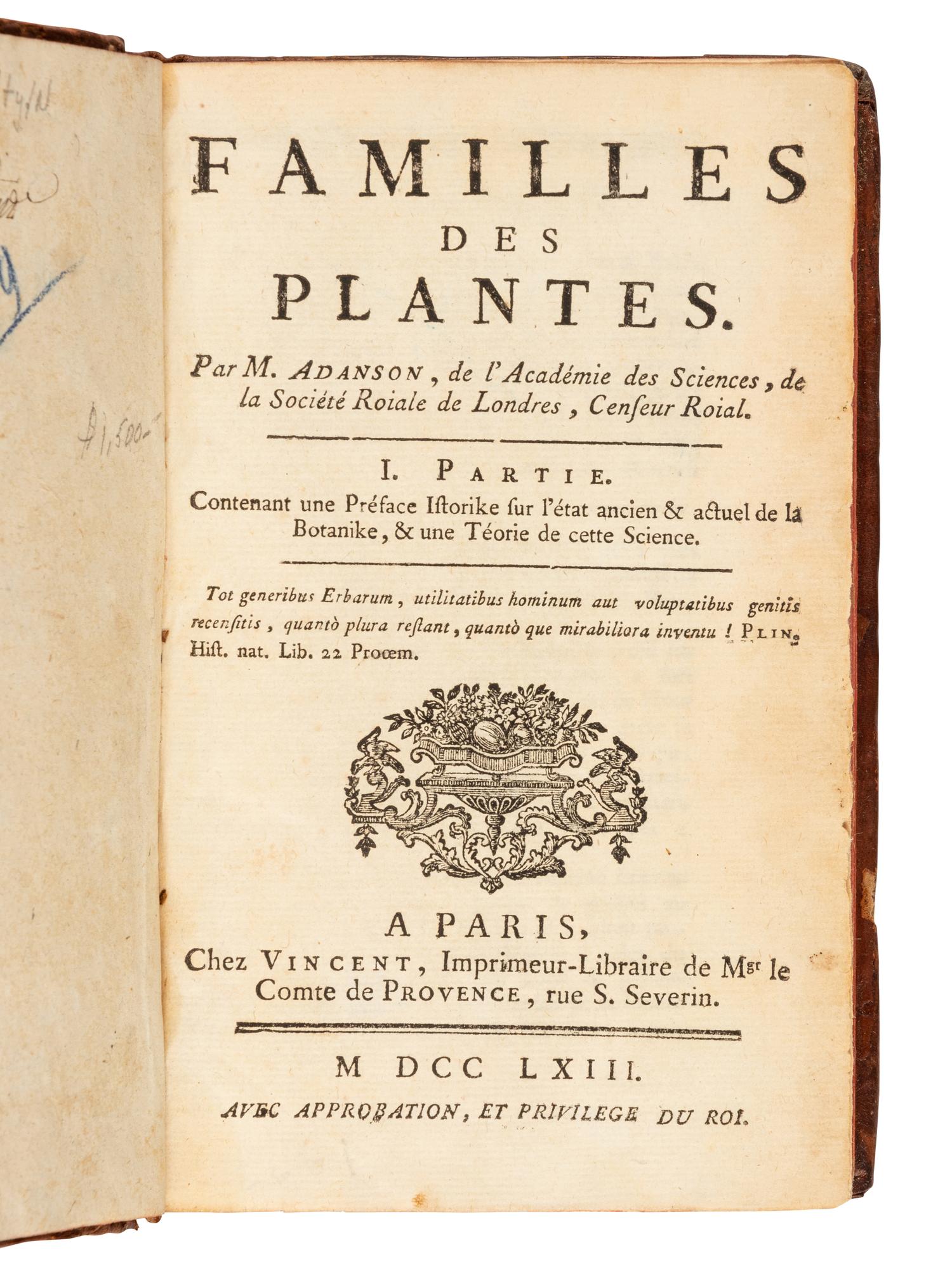 ADANSON, Michel (1727-1806). Familles des Plantes . Paris: Vincent, 1763.