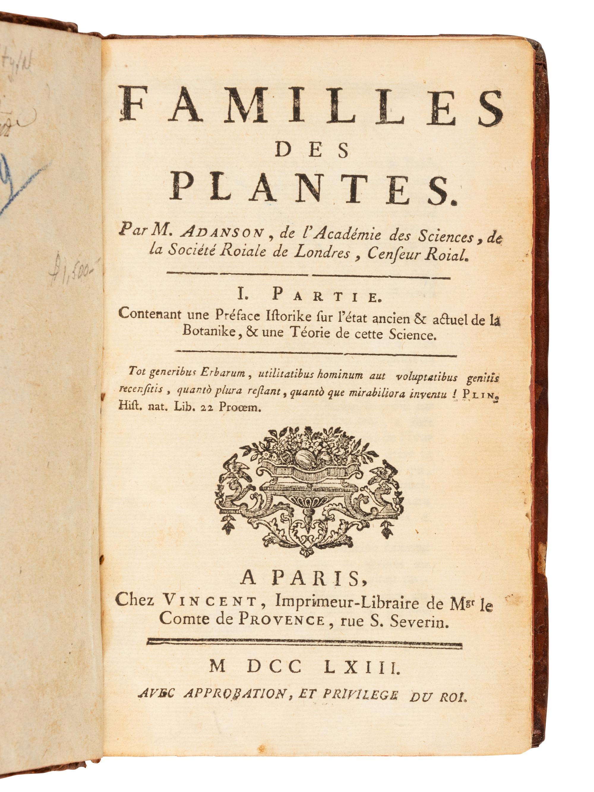 ADANSON, Michel (1727-1806). Familles des Plantes . Paris: Vincent, 1763.