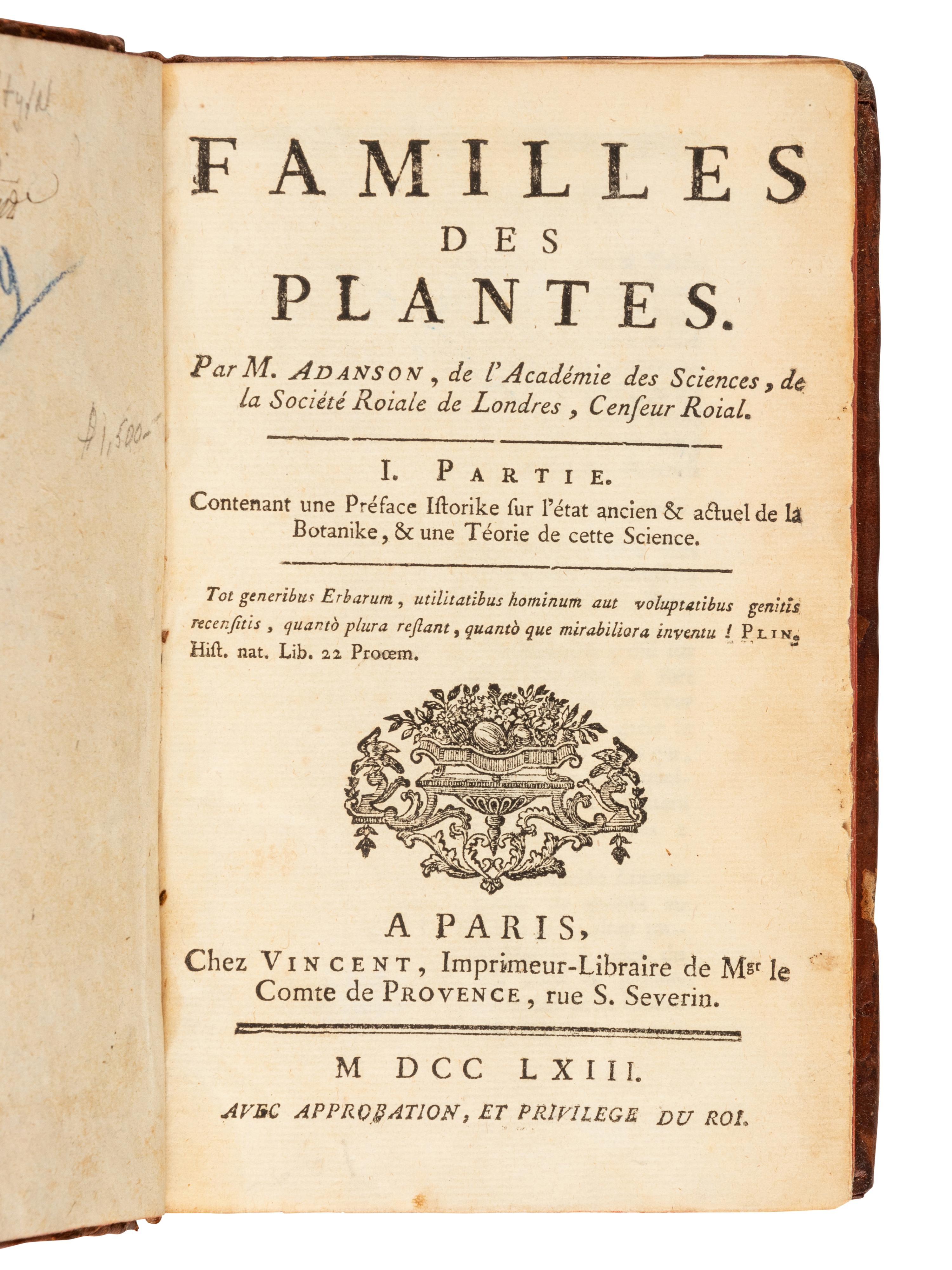 ADANSON, Michel (1727-1806). Familles des Plantes . Paris: Vincent, 1763.
