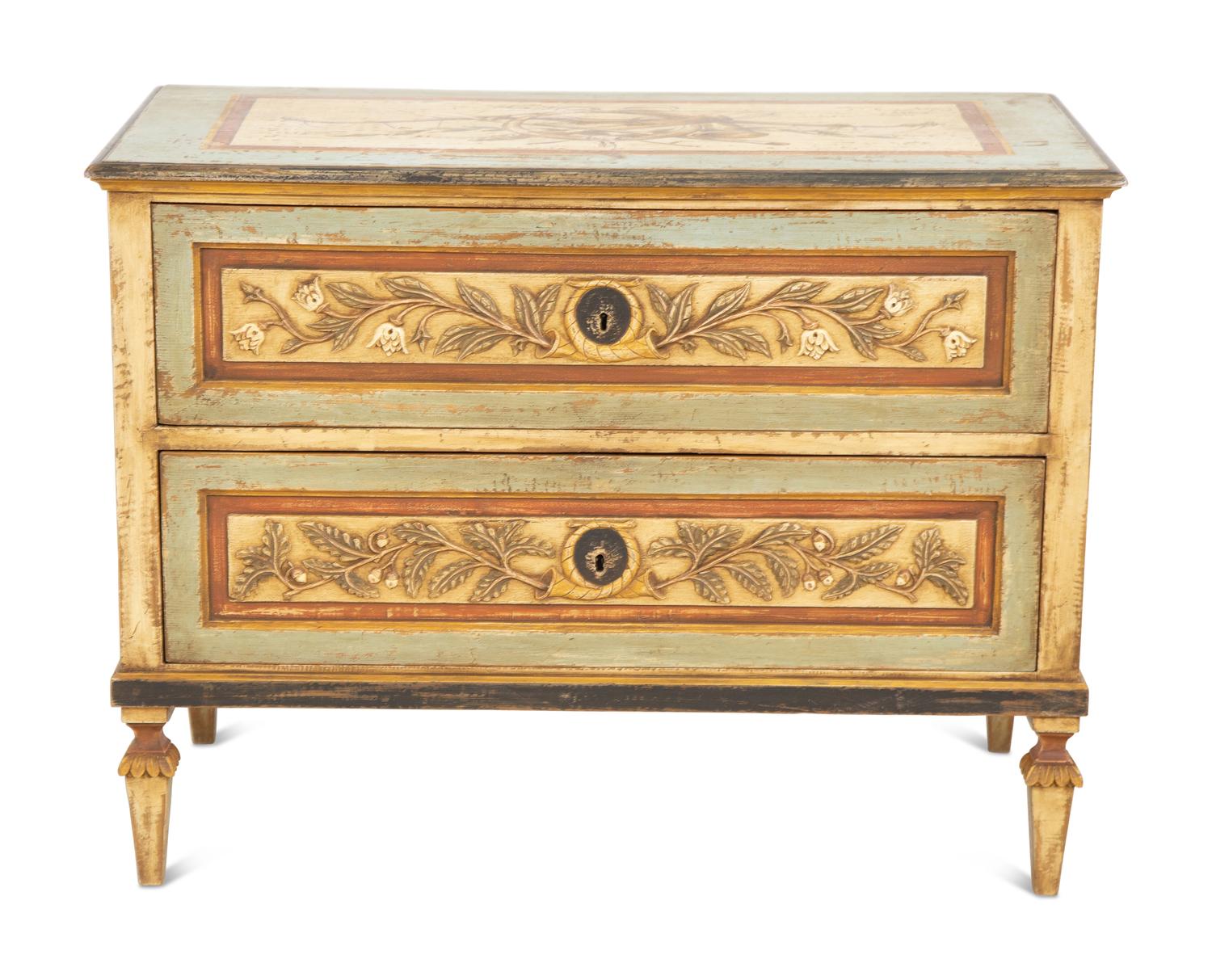 A Louis XVI Style Painted Pine Two Drawer Commode