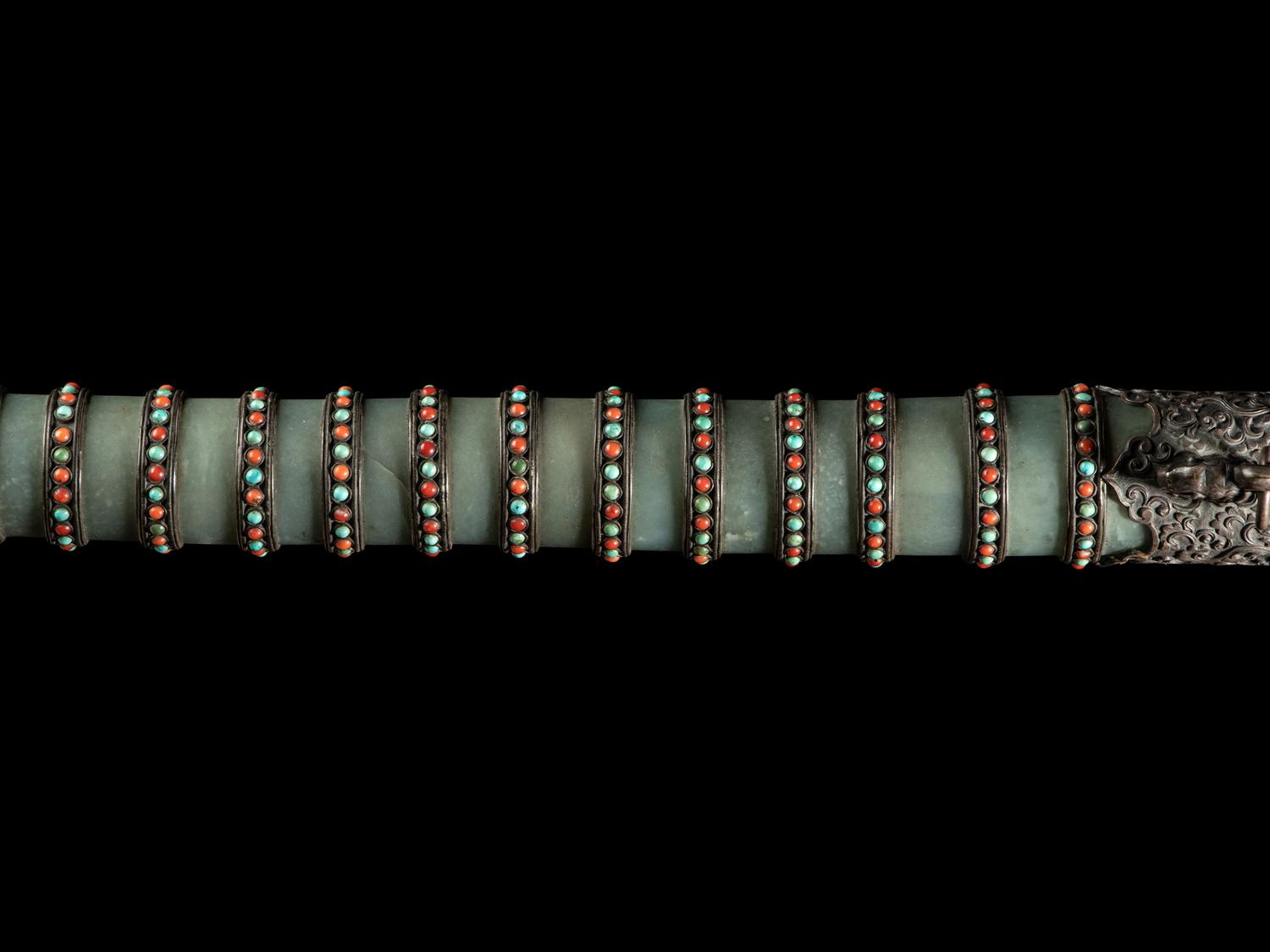 A Nepalese Coral, Jade Turquoise Inset Silver Jade Sword