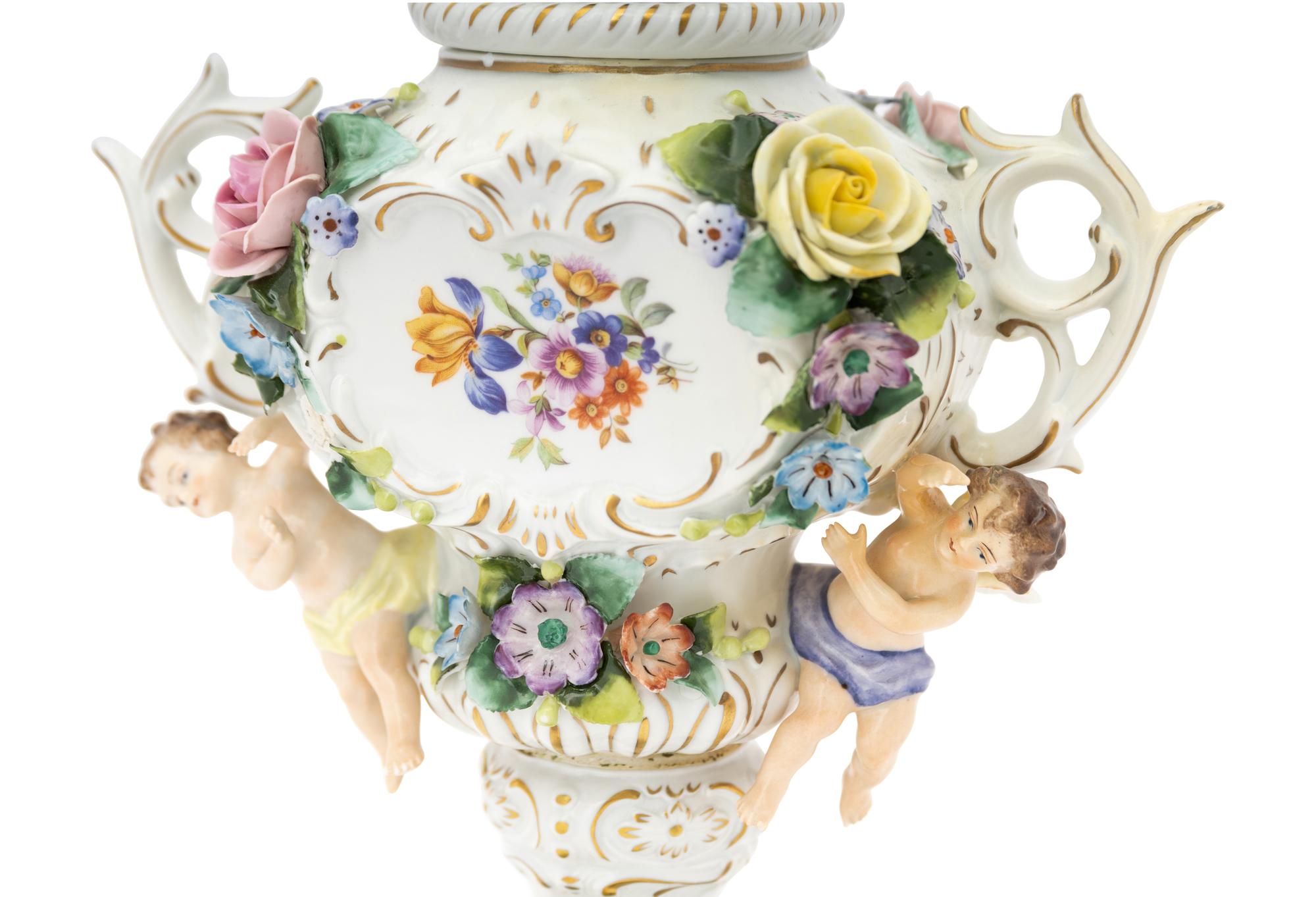 A Pair of Sitzendorf Porcelain Urns