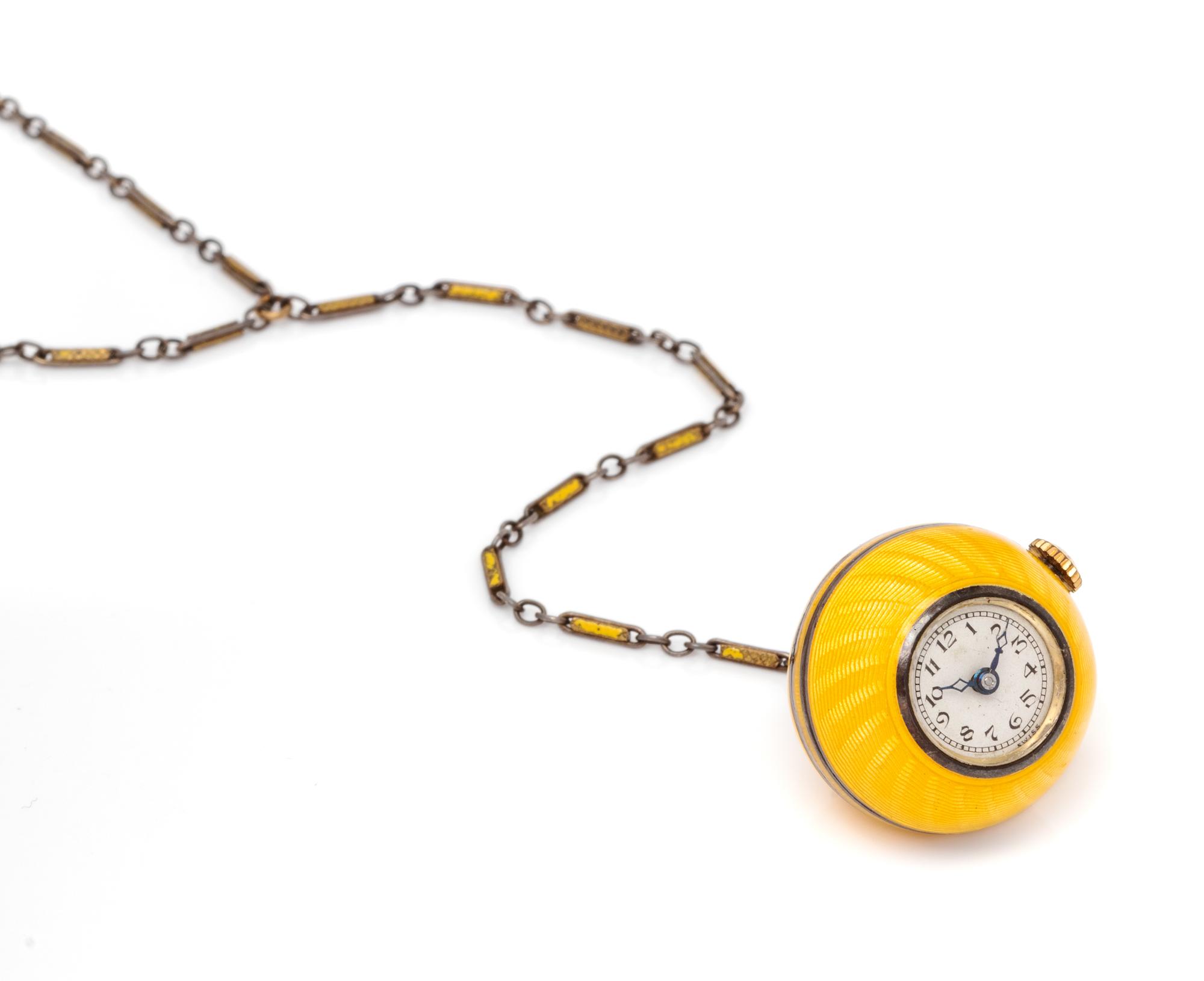 A Sterling Silver and Enamel Boule Pendant Watch Necklace, Swiss,