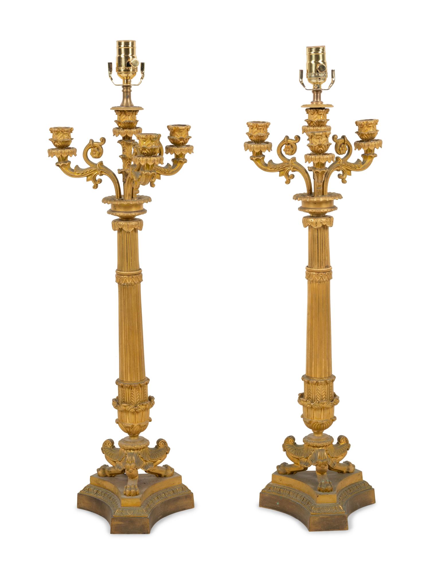A Pair of Charles X Gilt Bronze Three-Light Candelabra Mounted as Lamps