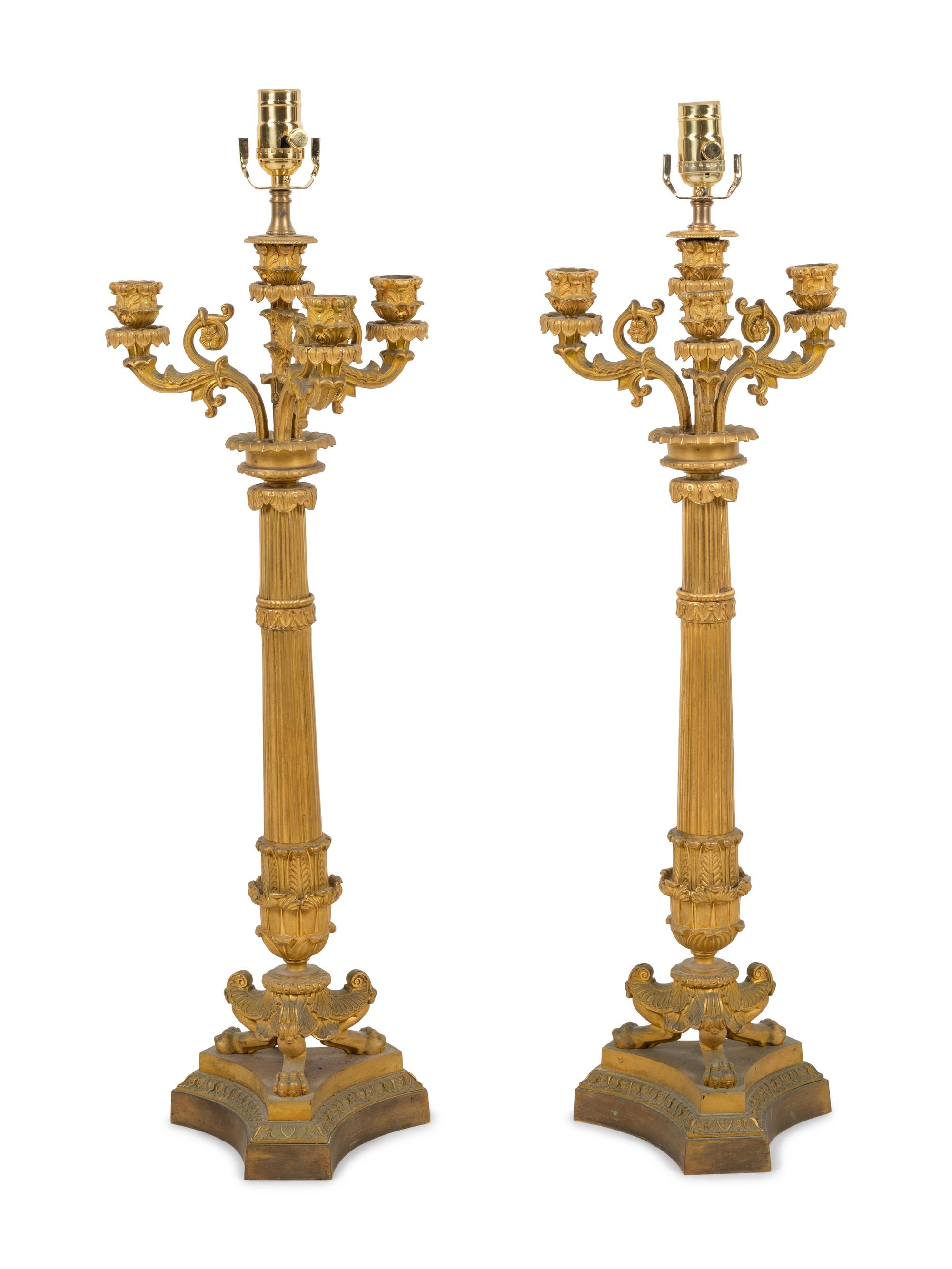 A Pair of Charles X Gilt Bronze Three-Light Candelabra Mounted as Lamps