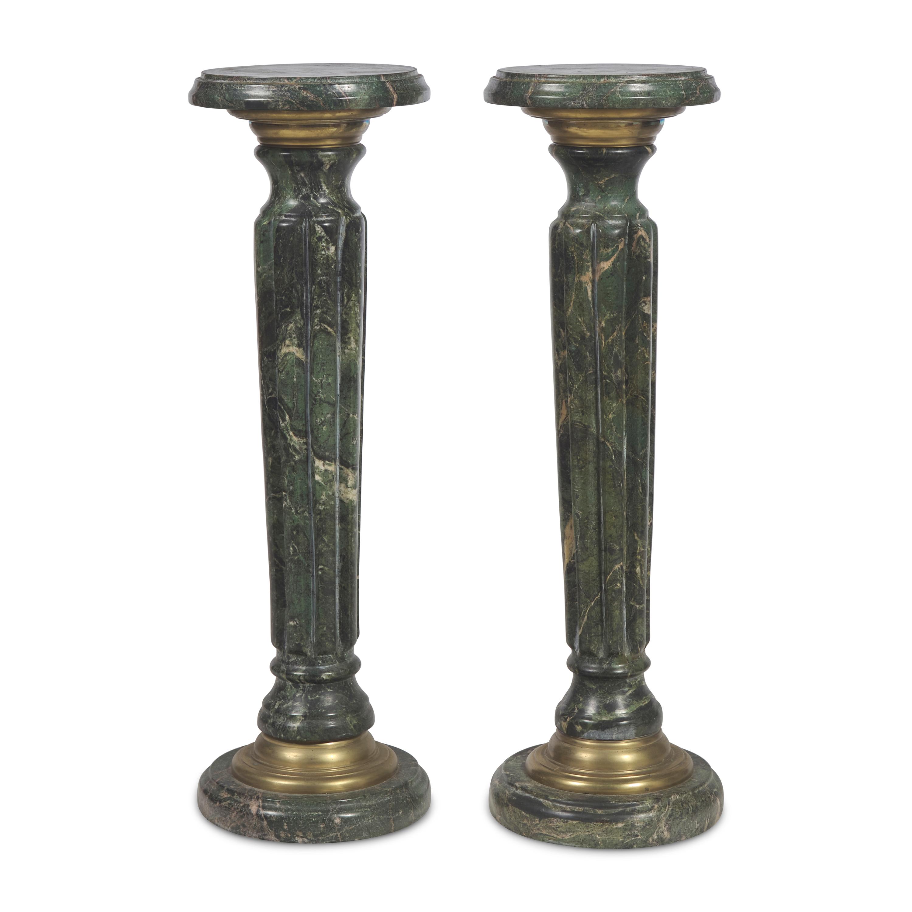 A Pair of Gilt Metal and Green Marble Pedestals
