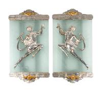 A Pair of Large Art Deco Style Gilt and Silvered Bronze Etched Glass Sconces