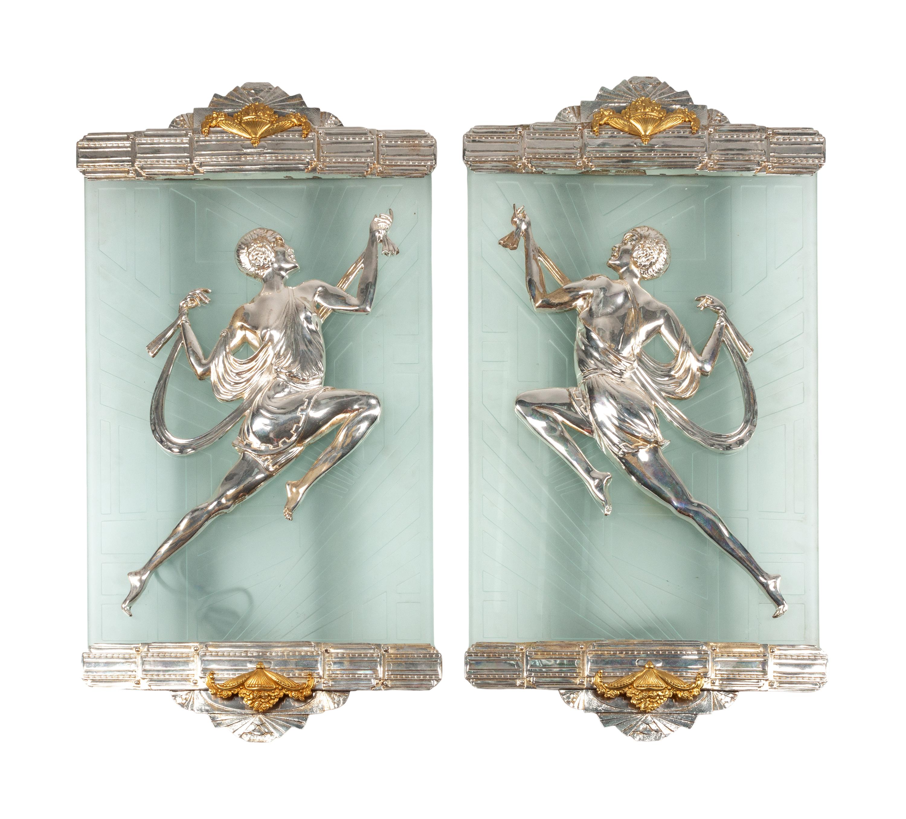 A Pair of Large Art Deco Style Gilt and Silvered Bronze Etched Glass Sconces
