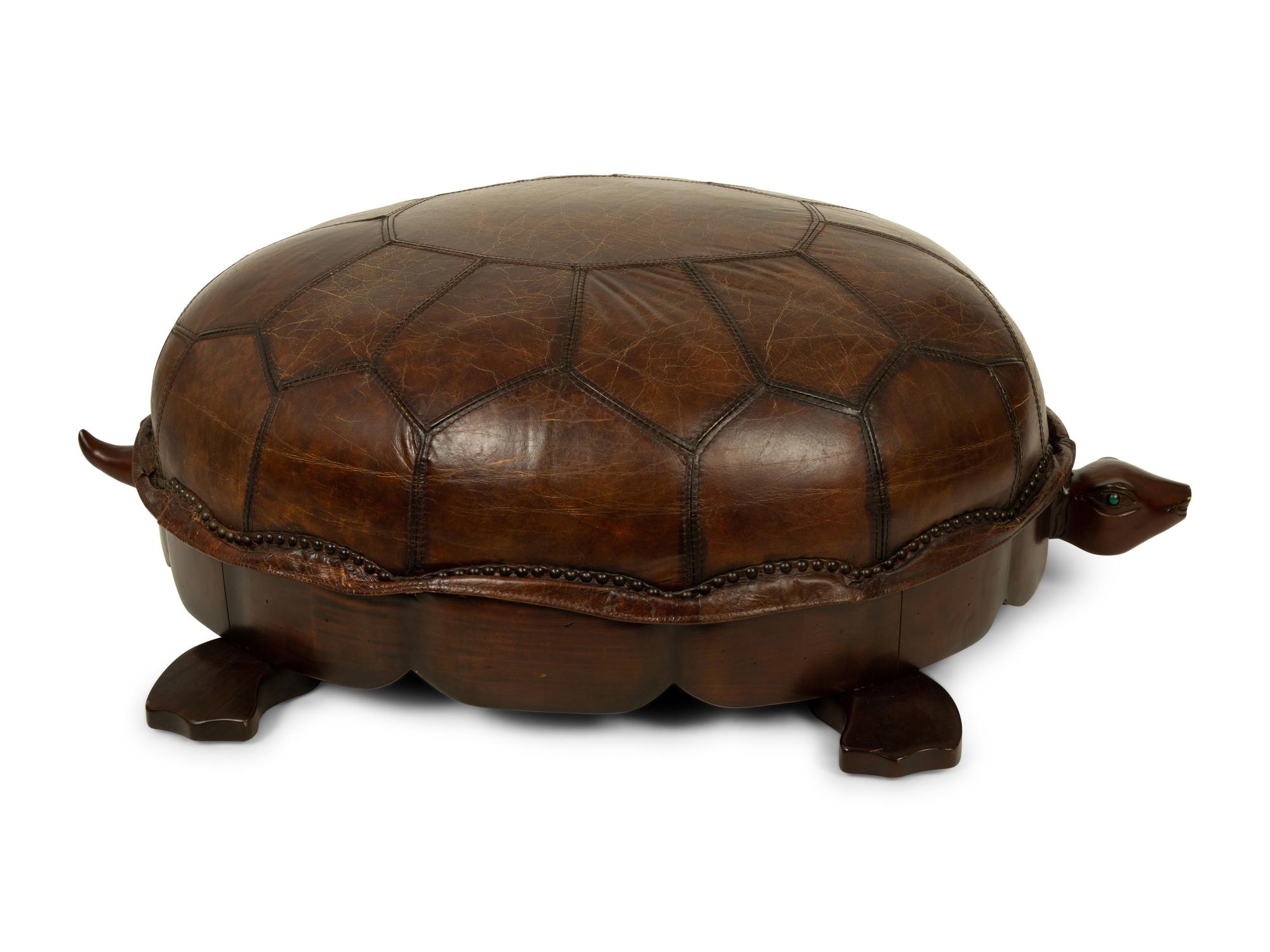A Carved Wood and Leather Turtle Foot Stool — LATE 20TH CENTURY