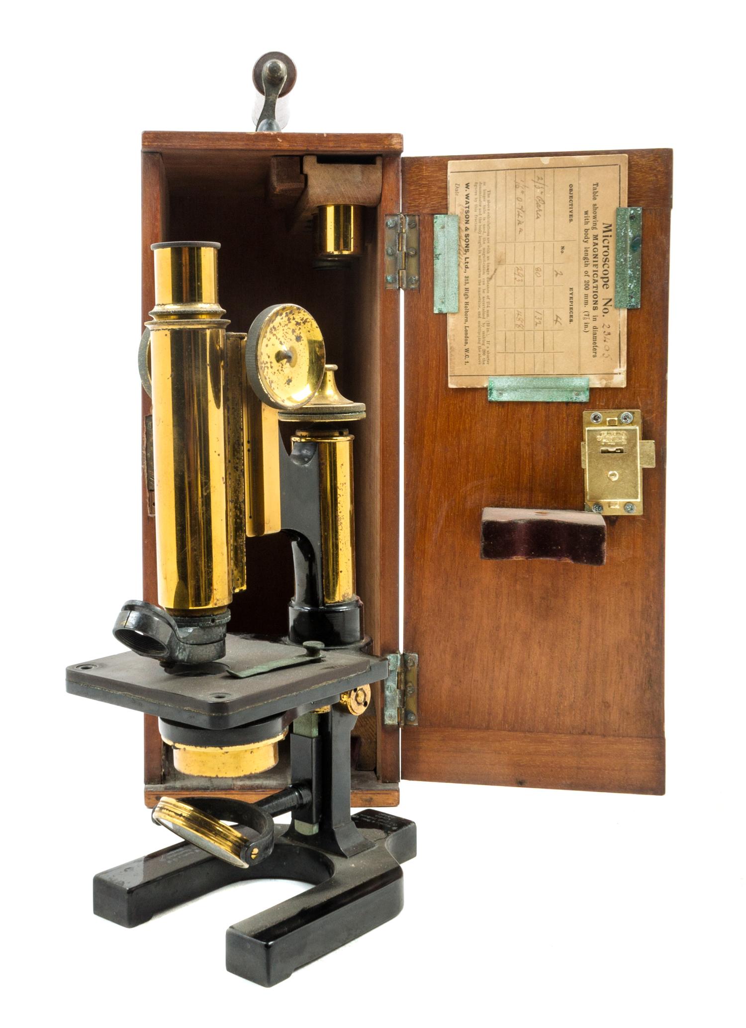 An English Brass and Black Lacquered Microscope Height 11 inches. — W. WATSON & SONS, LONDON, EARLY 20TH CENTURY