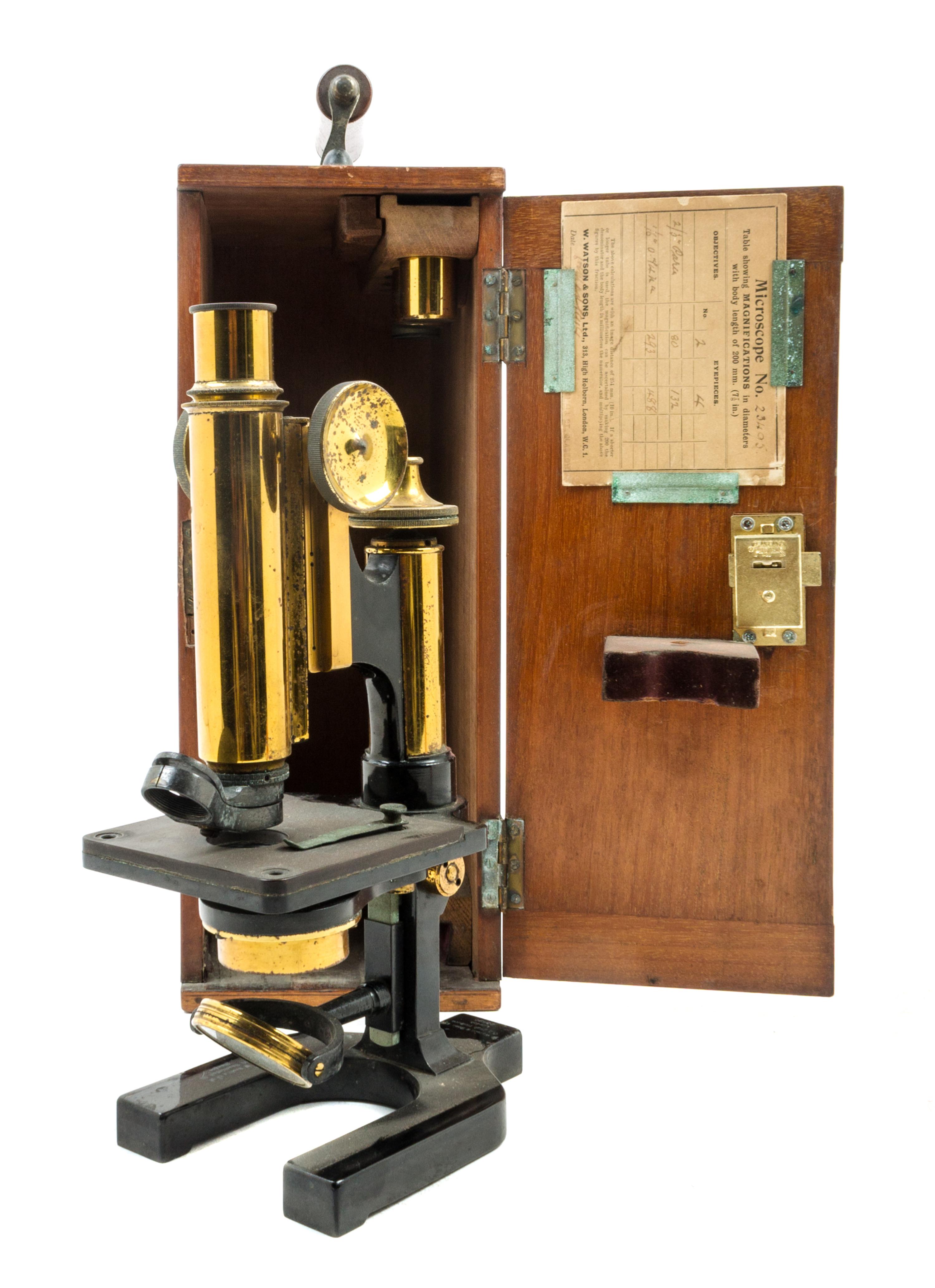 An English Brass and Black Lacquered Microscope Height 11 inches. — W. WATSON & SONS, LONDON, EARLY 20TH CENTURY