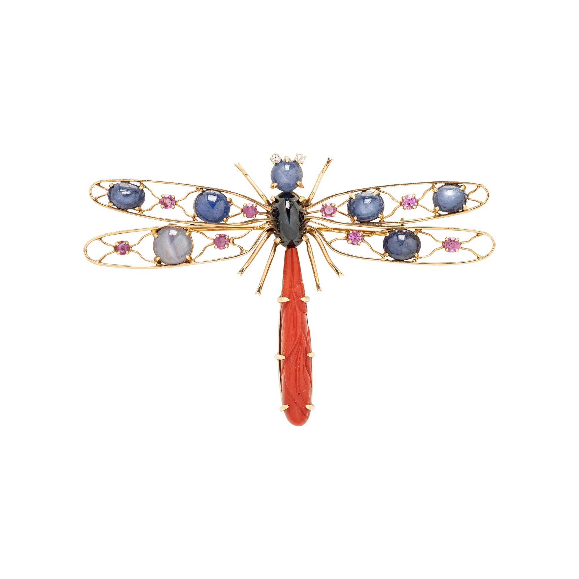 YELLOW GOLD AND MULTIGEM DRAGONFLY BROOCH