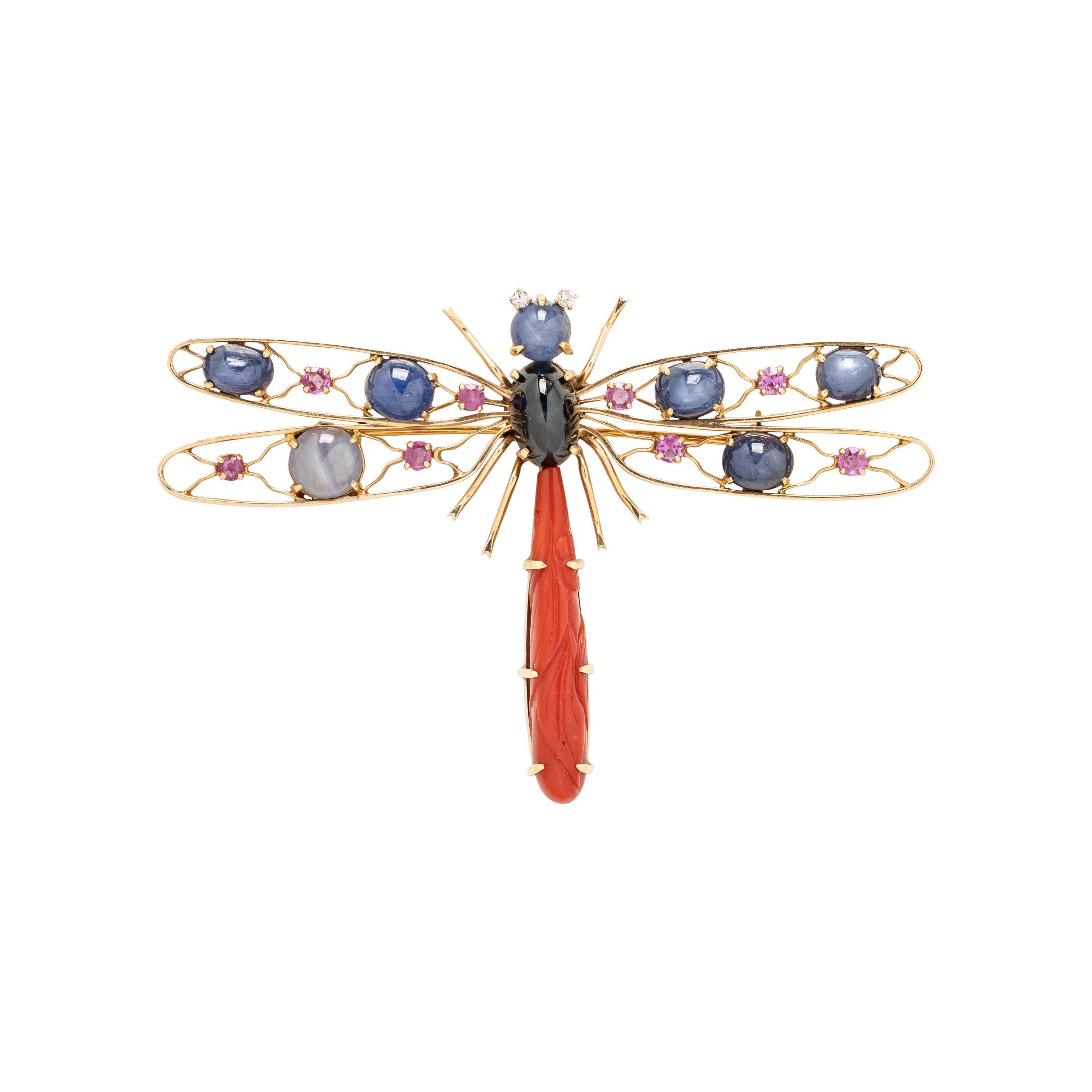 YELLOW GOLD AND MULTIGEM DRAGONFLY BROOCH