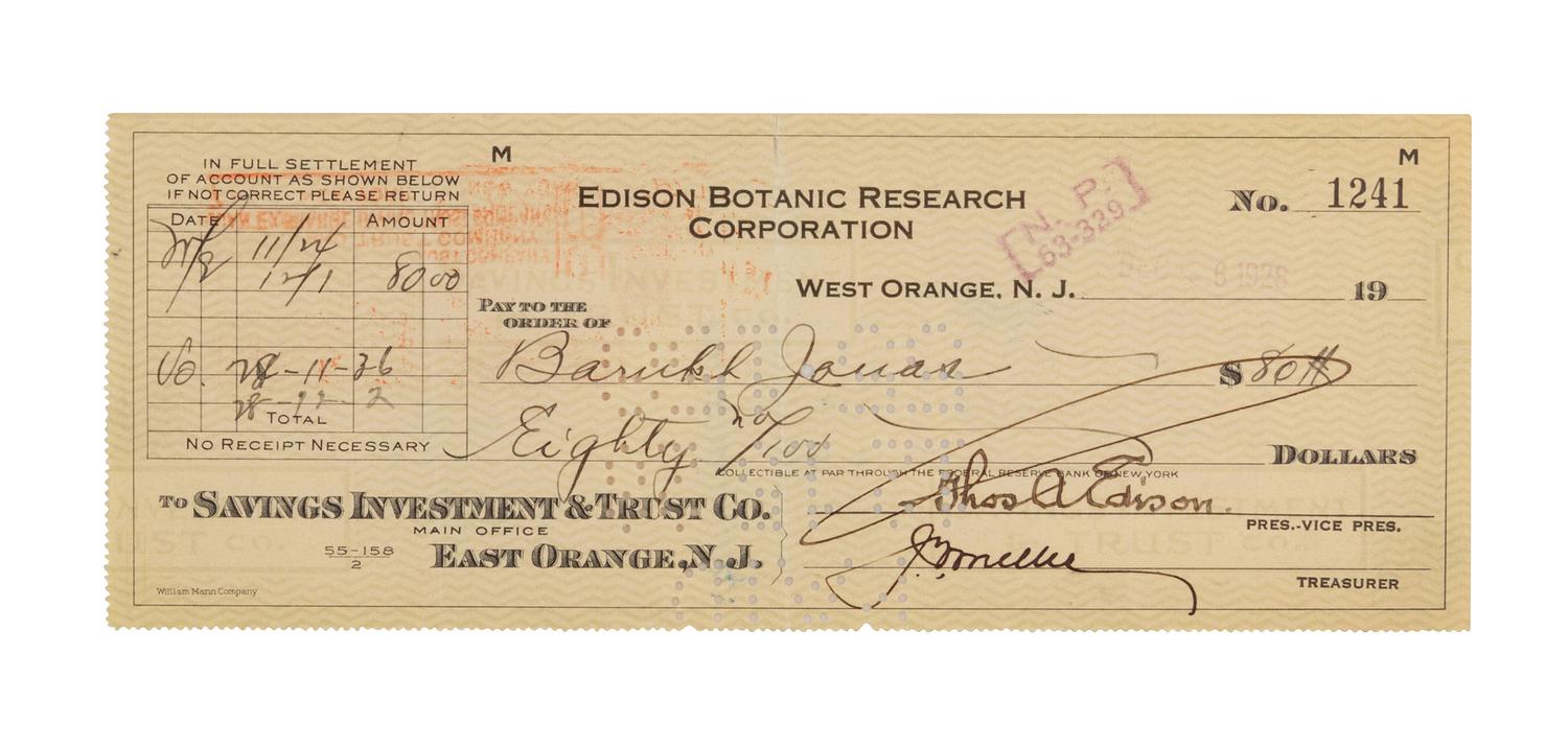 EDISON, Thomas (1847-1931). Printed check signed ("Thos. A. Edison"), as President of the Edison Botanic Research Corporation, 6 December 1928. Drawn on the Savings Investment & Trust Co., East Orange New Jersey, for $80.00 payable to Barukh Jonas.