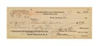 EDISON, Thomas (1847-1931). Printed check signed ("Thos. A. Edison"), as President of the Edison Botanic Research Corporation, 6 December 1928. Drawn on the Savings Investment & Trust Co., East Orange New Jersey, for $80.00 payable to Barukh Jonas.