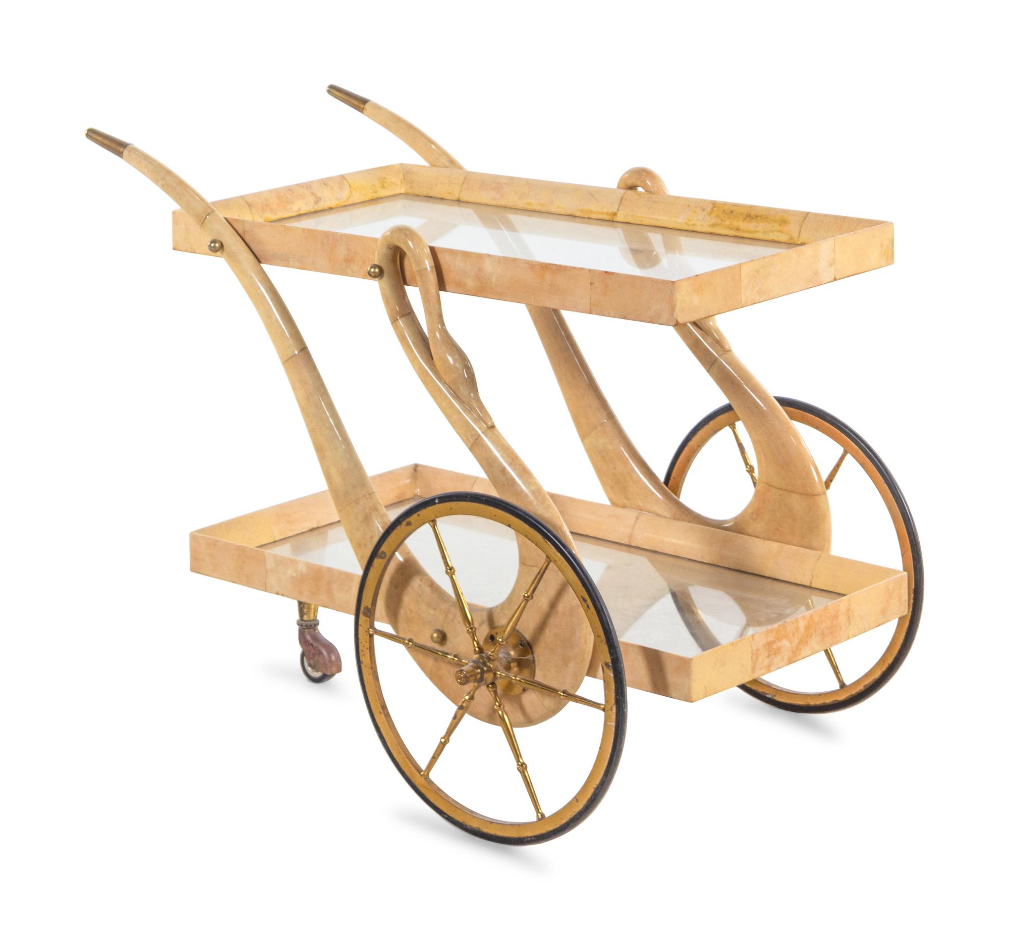 A Parchment Veneered Swan Bar Trolley Attributed to Aldo Tura