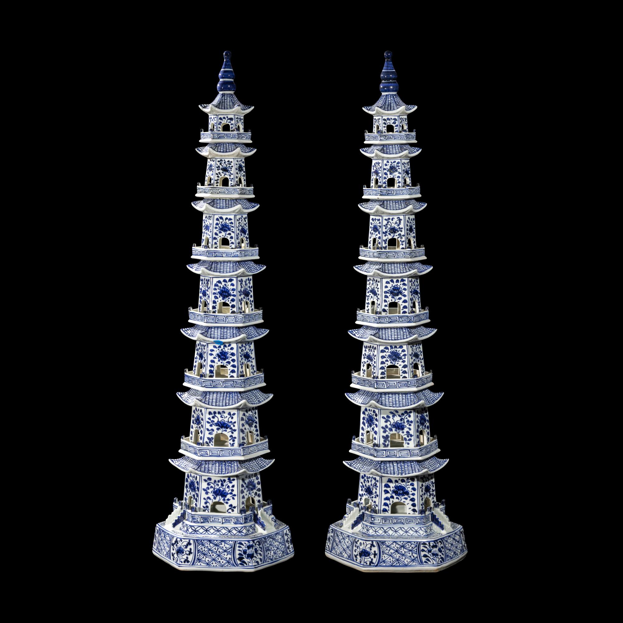 A Pair of Chinese Blue and White Porcelain Pagodas