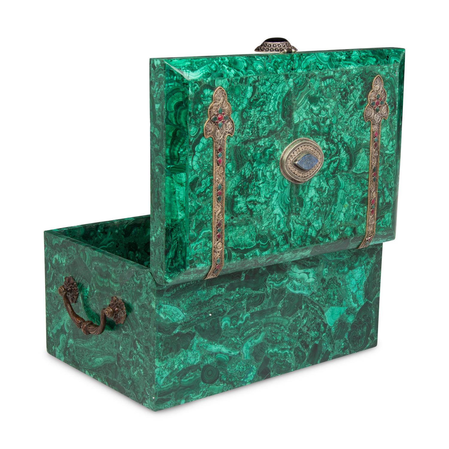 A Large Filigree, Ruby and Emerald-Mounted Malachite Box