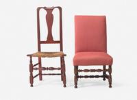 A Queen Anne painted rush-seat side chair together with a William & Mary upholstered walnut backstool, New England and England, respectively, early 18th century