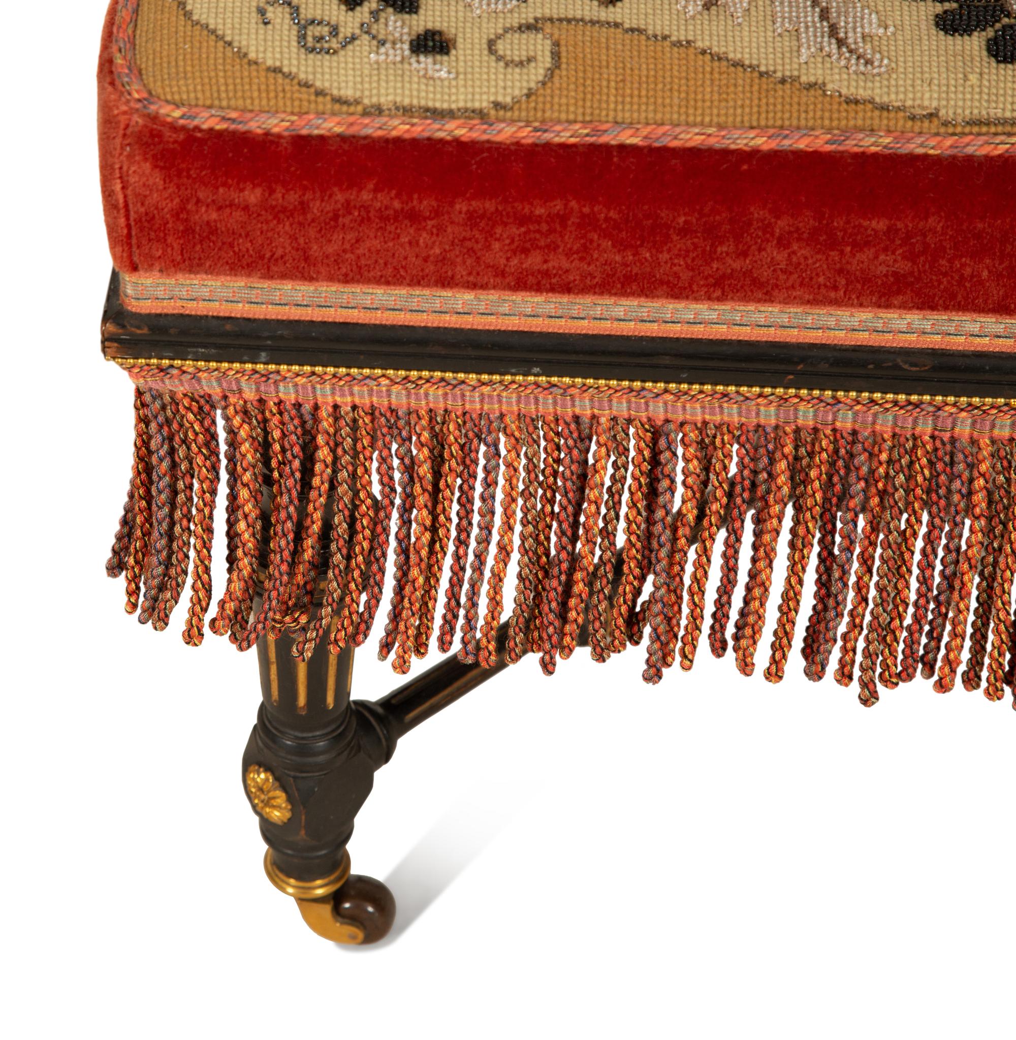 An Early Victorian Stool with Beaded Needlework Upholstered Seat and Fringe