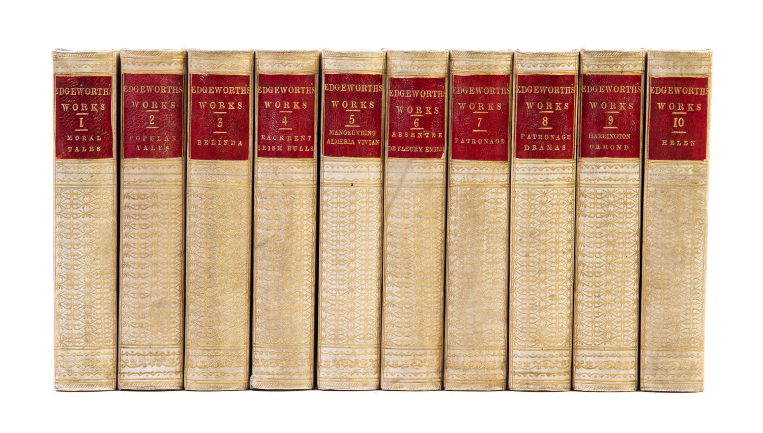 (BINDINGS, VELLUM) EDGEWORTH, MARIA. Tales and Novels. London, 1857. 10 vols.