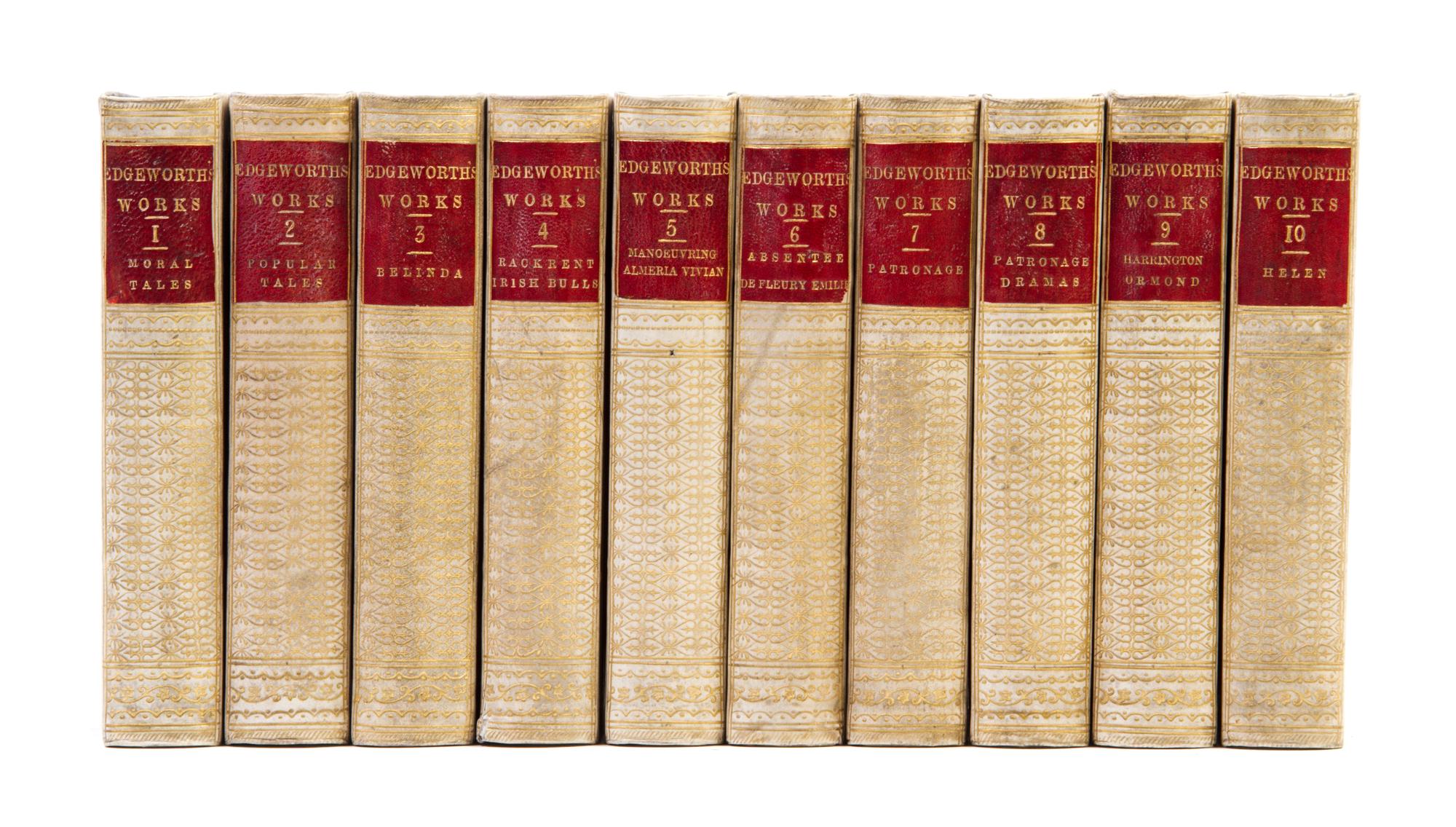 (BINDINGS, VELLUM) EDGEWORTH, MARIA. Tales and Novels. London, 1857. 10 vols.