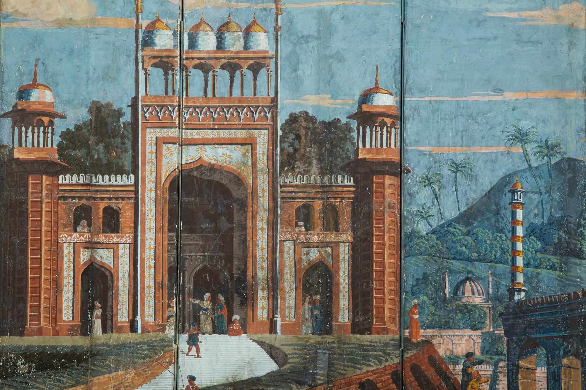 A Pair of French Scenic Wallpaper Three-Panel Screens, Grande Chasse au Tigre dans l'Inde (The Tiger Hunt)