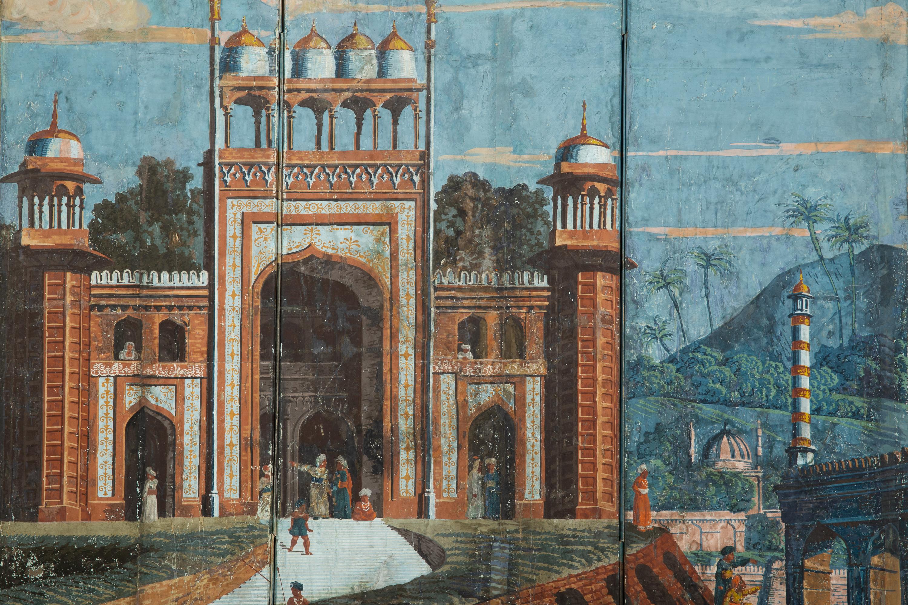 A Pair of French Scenic Wallpaper Three-Panel Screens, Grande Chasse au Tigre dans l'Inde (The Tiger Hunt)