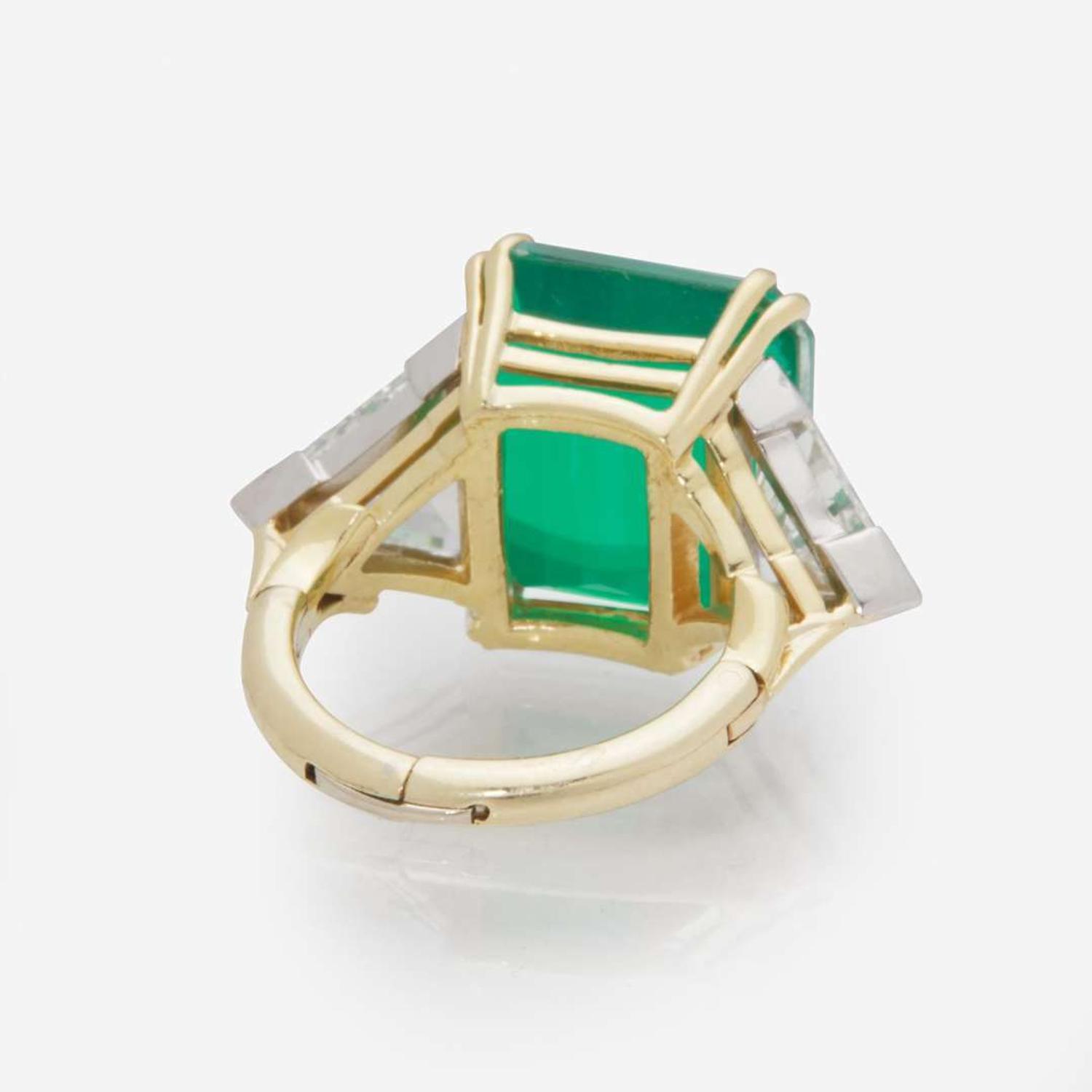 A 14K Gold, Green Glass, and Diamond Ring