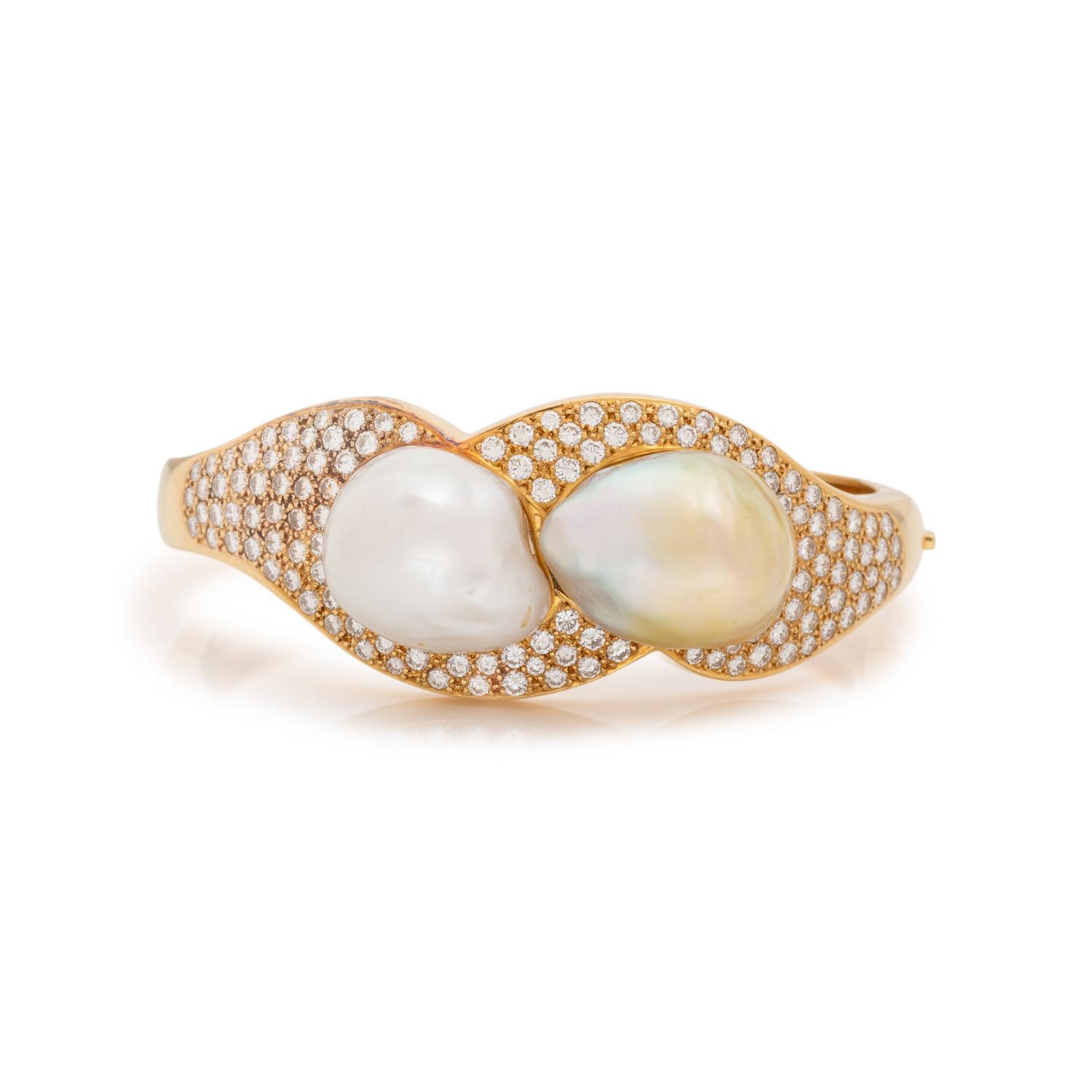 BAROQUE CULTURED PEARL, DIAMOND AND YELLOW GOLD BANGLE BRACELET